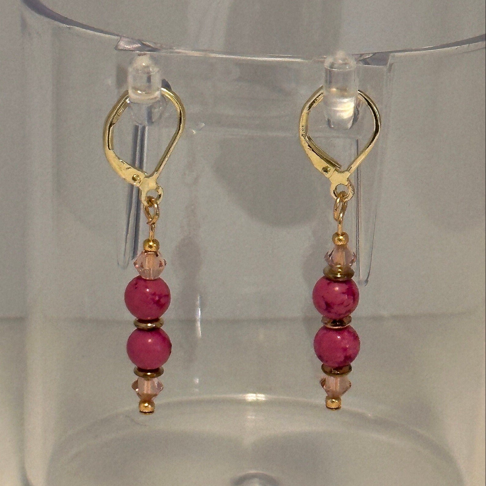 Pink Coral & Crystal Dangle Earrings with Gold Accents