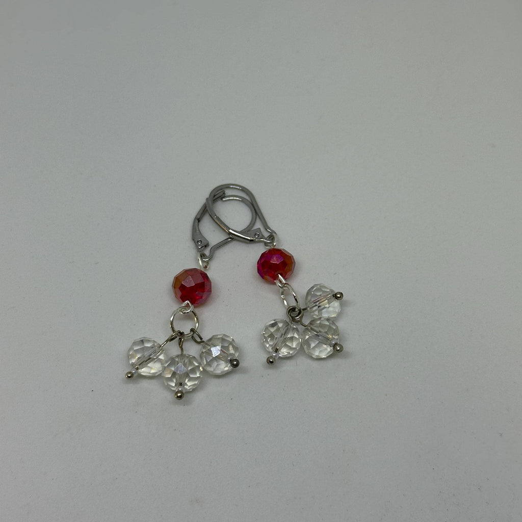 Red & Clear Crystal Rondelle Cluster Dangle Earrings