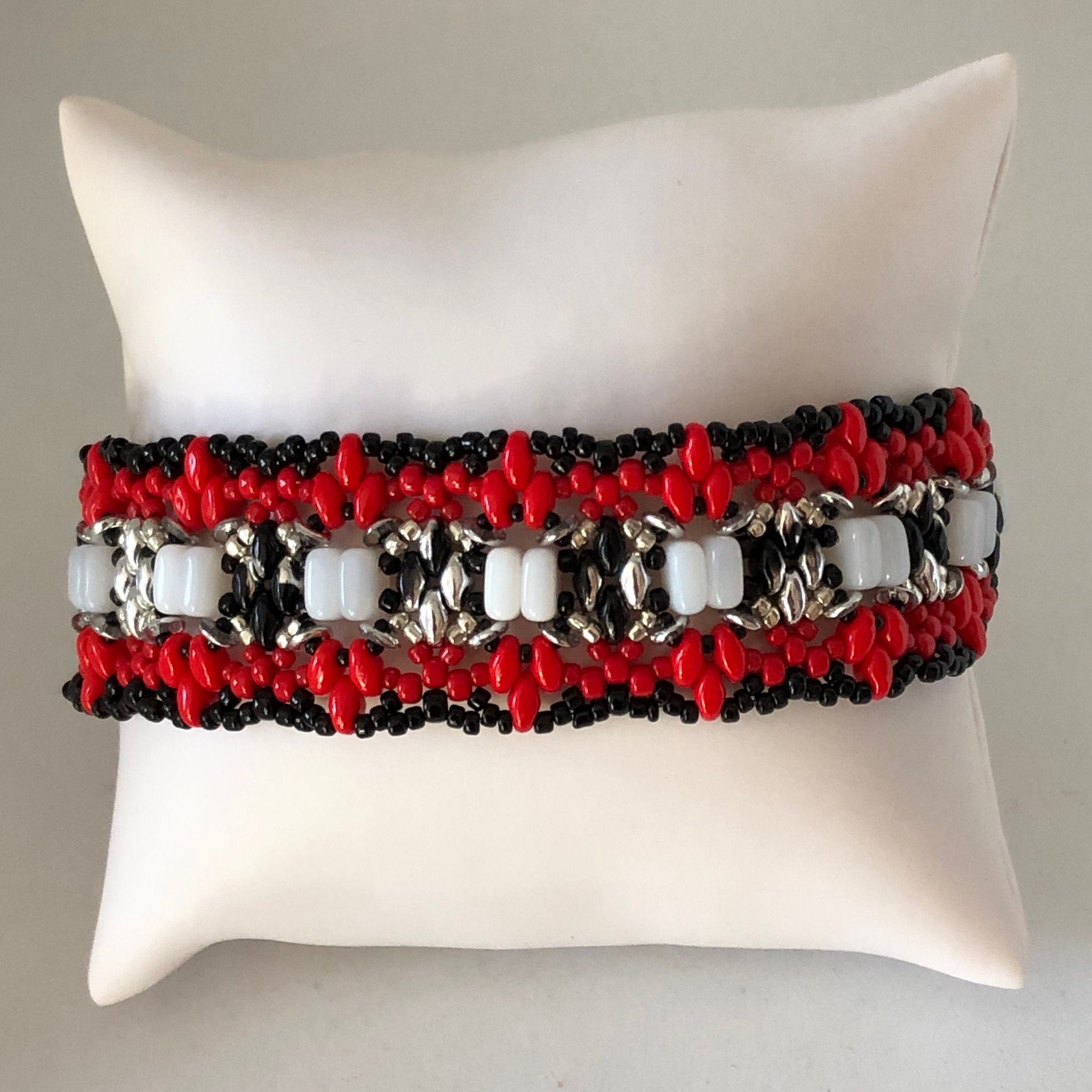 Black, Silver, and Red Artisan Beaded Bracelet