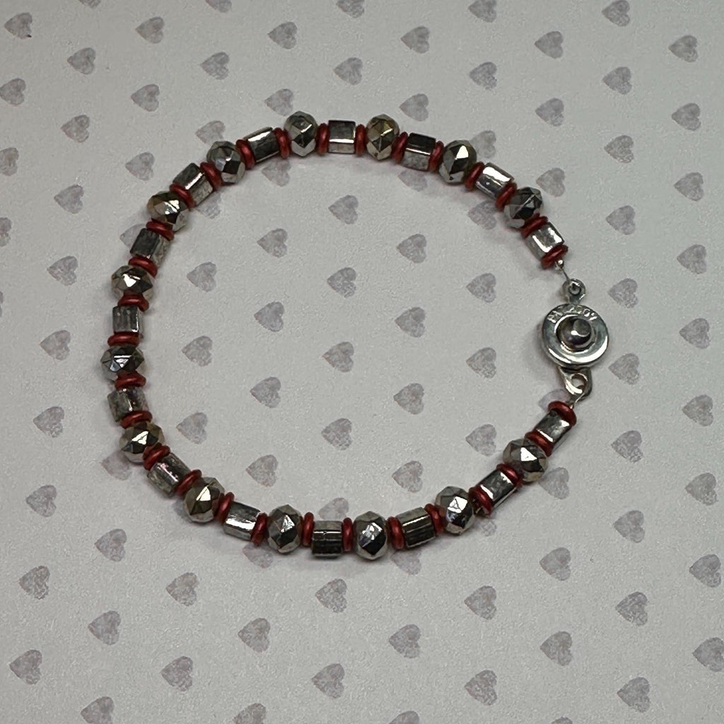Silver Plated Beaded Bracelet with Red Accents