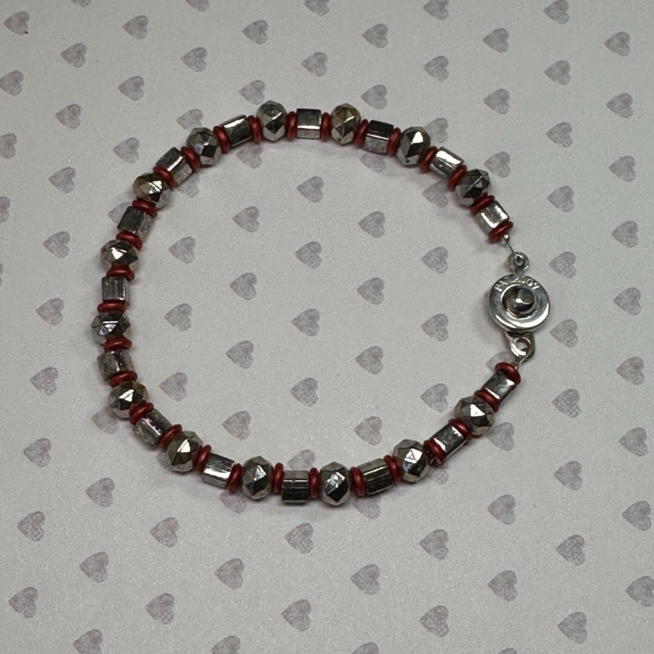 Silver Plated Beaded Bracelet with Red Accents
