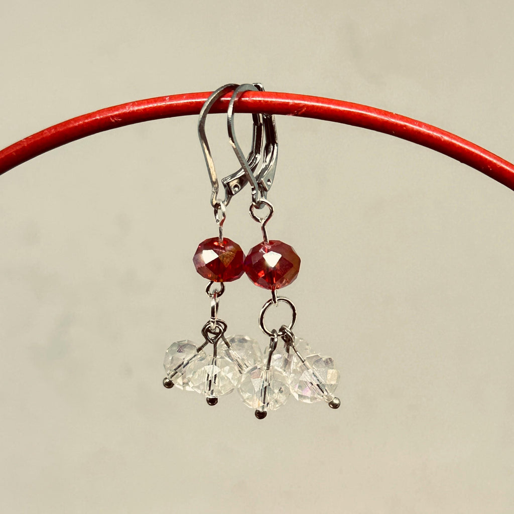 Red & Clear Crystal Rondelle Cluster Dangle Earrings