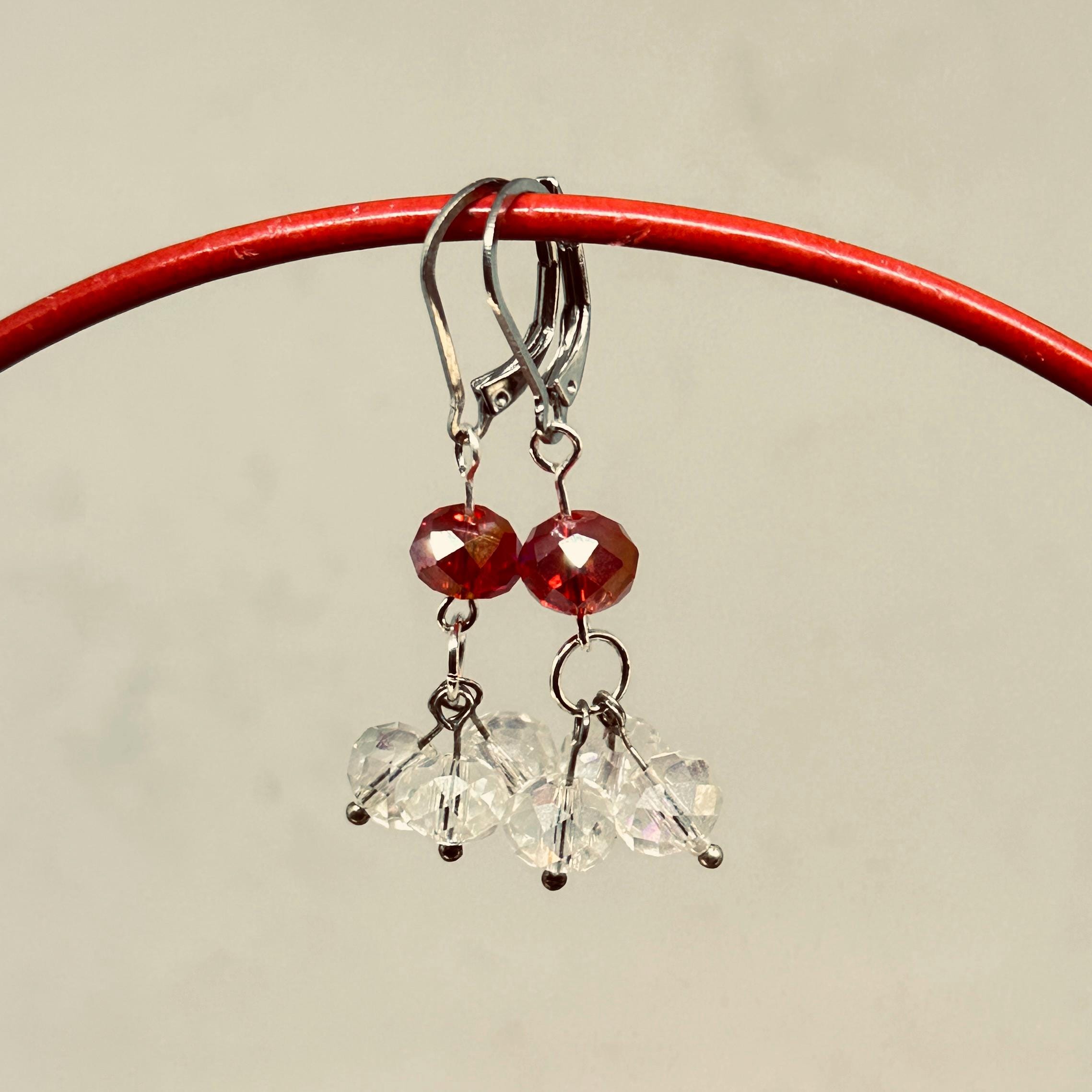 Red & Clear Crystal Rondelle Cluster Dangle Earrings