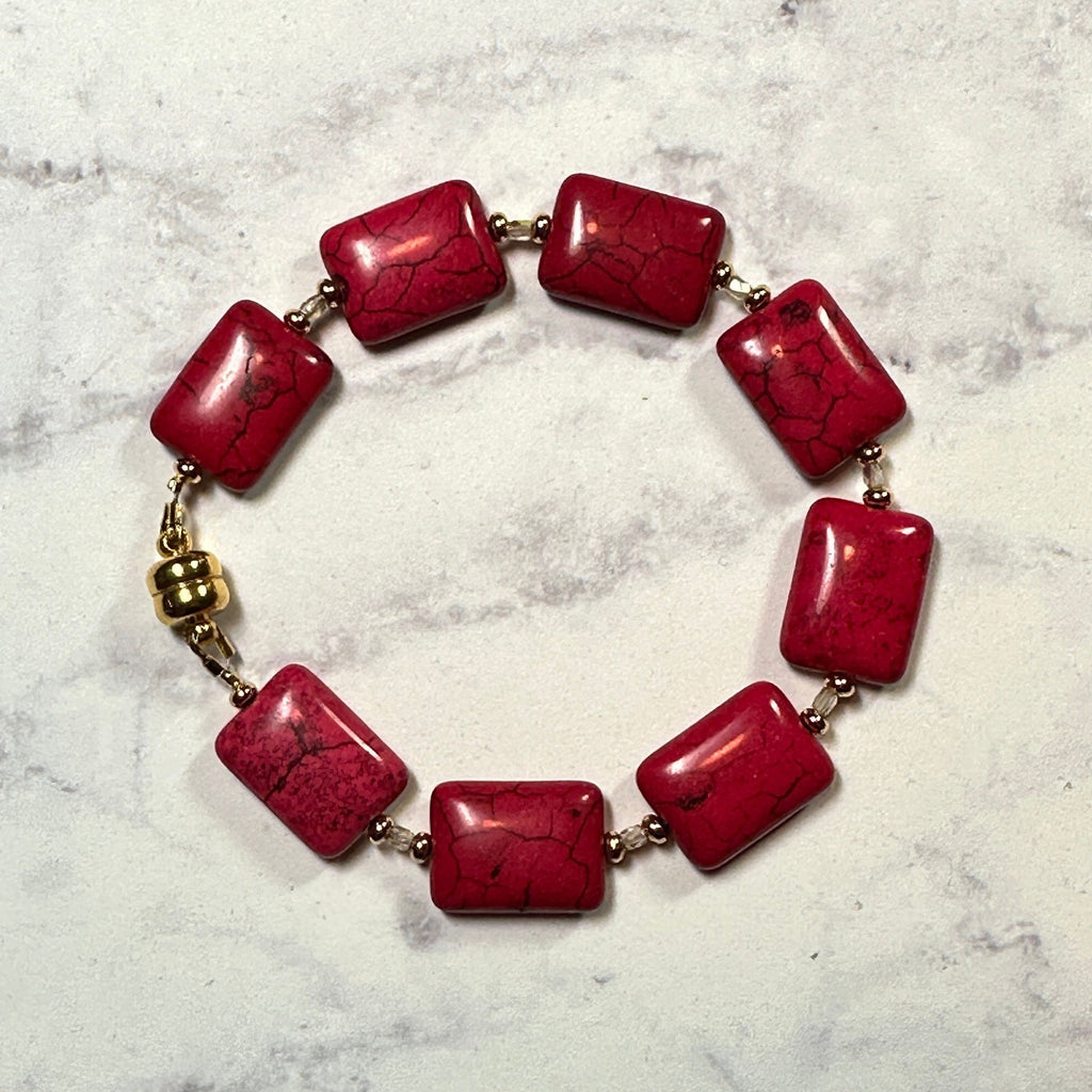Red Magnesite Chiclet Bracelet 24kt Gold Plated or CZ Crystal Spacers