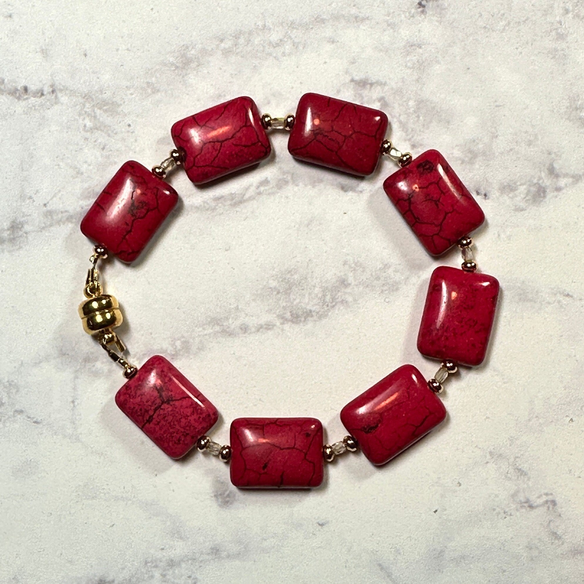 Red Magnesite Chiclet Bracelet 24kt Gold Plated or CZ Crystal Spacers