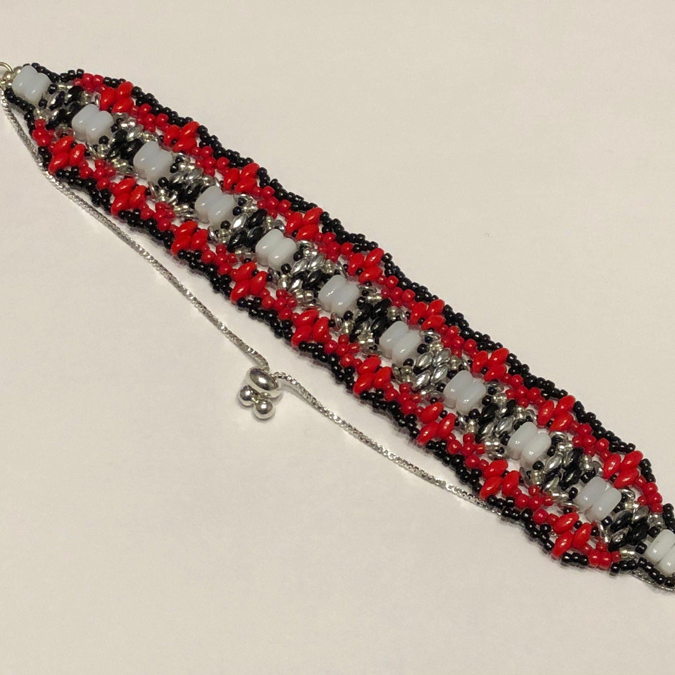 Black, Silver, and Red Artisan Beaded Bracelet