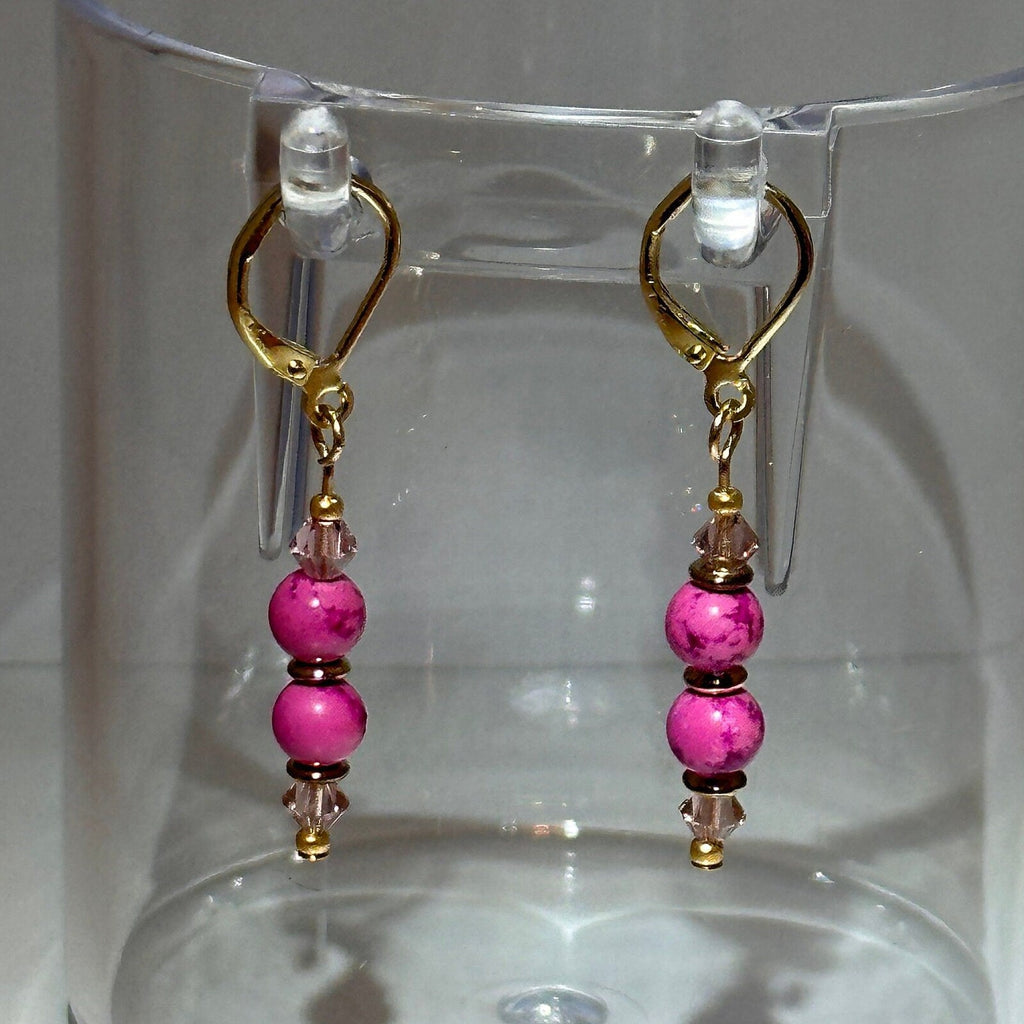 Pink Coral & Crystal Dangle Earrings with Gold Accents