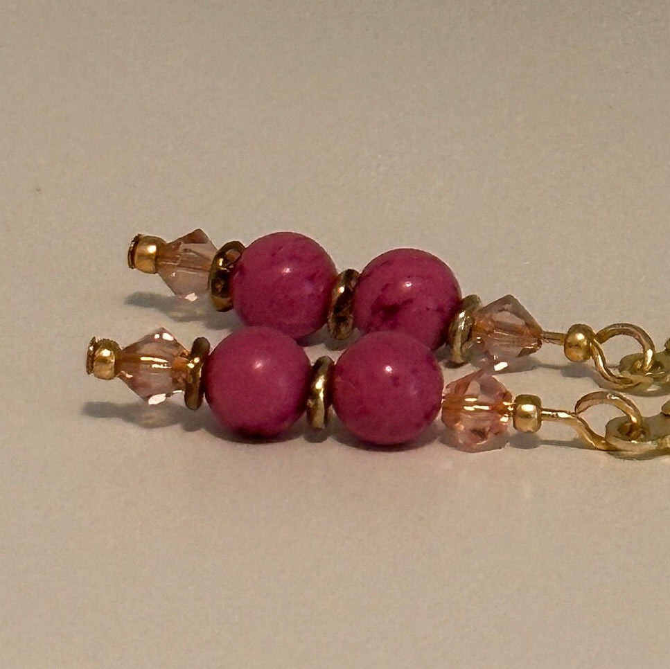 Pink Coral & Crystal Dangle Earrings with Gold Accents