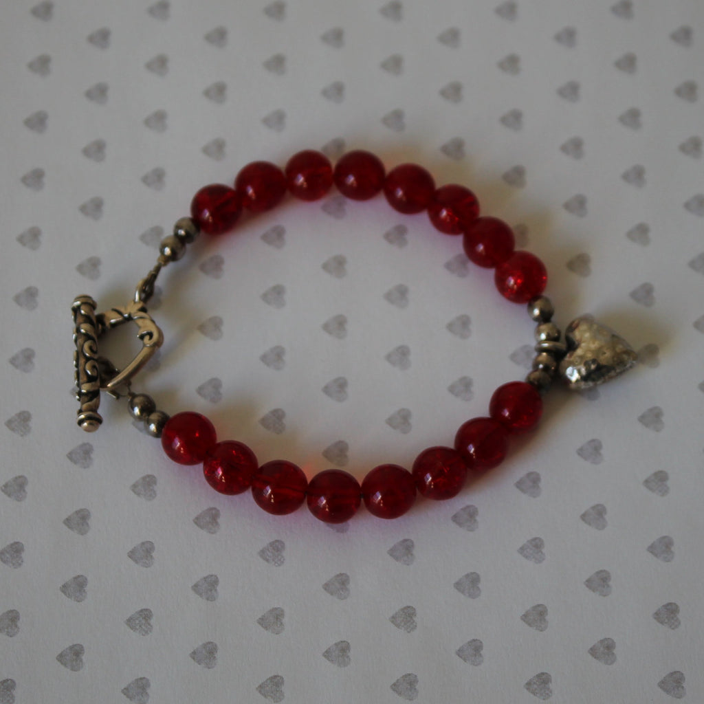 Red German Glass Bracelet with Silver Puffed Heart