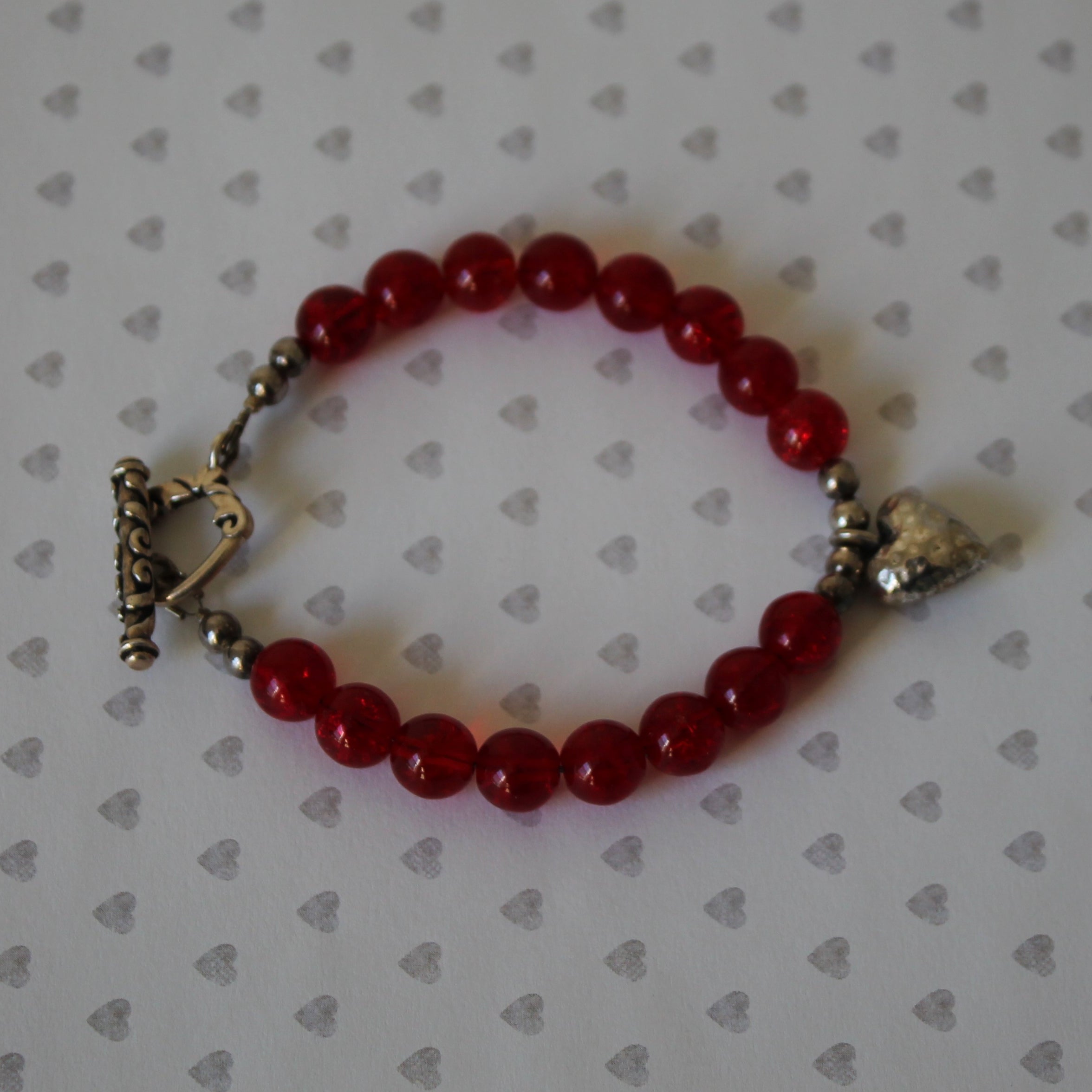 Red German Glass Bracelet with Silver Puffed Heart