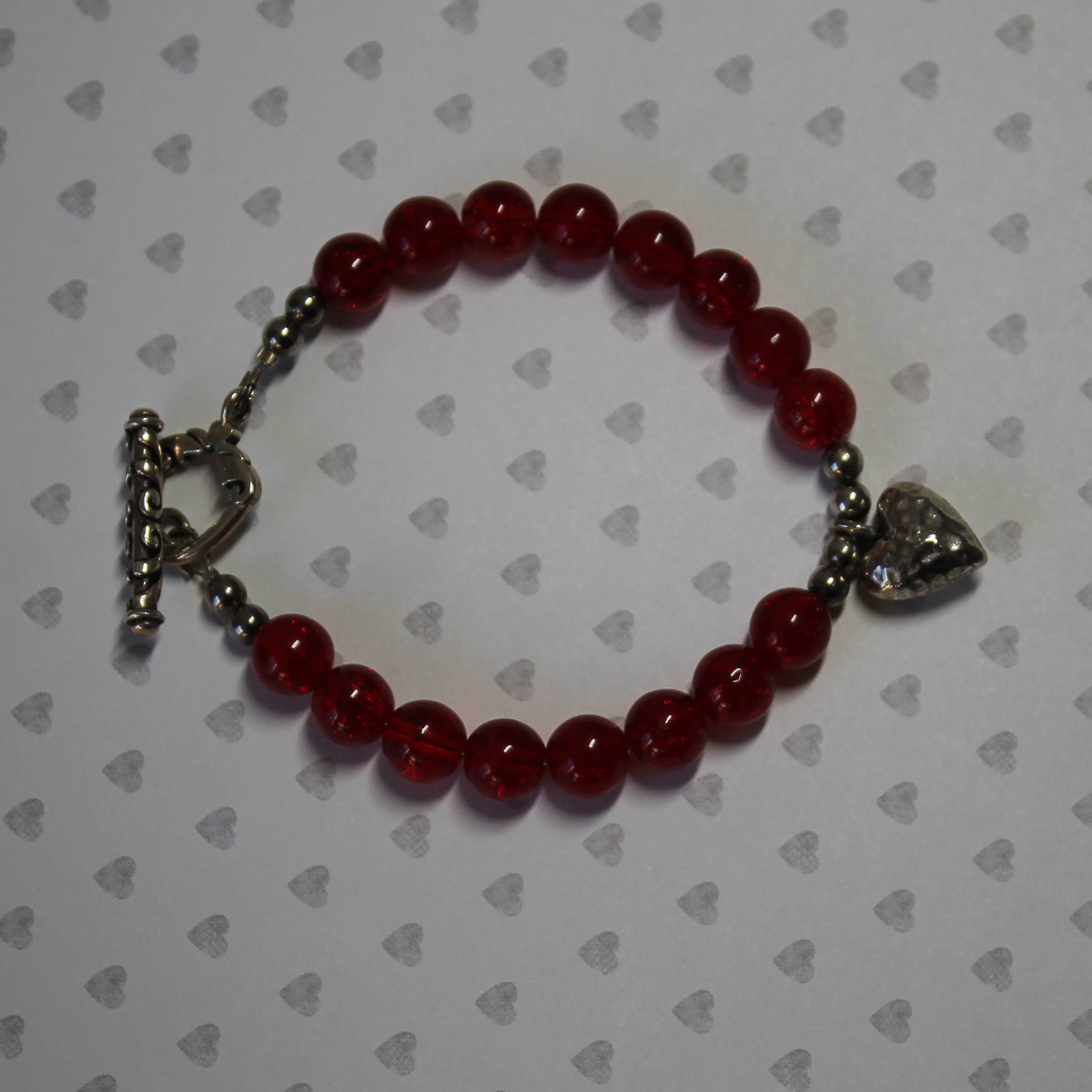 Red German Glass Bracelet with Silver Puffed Heart