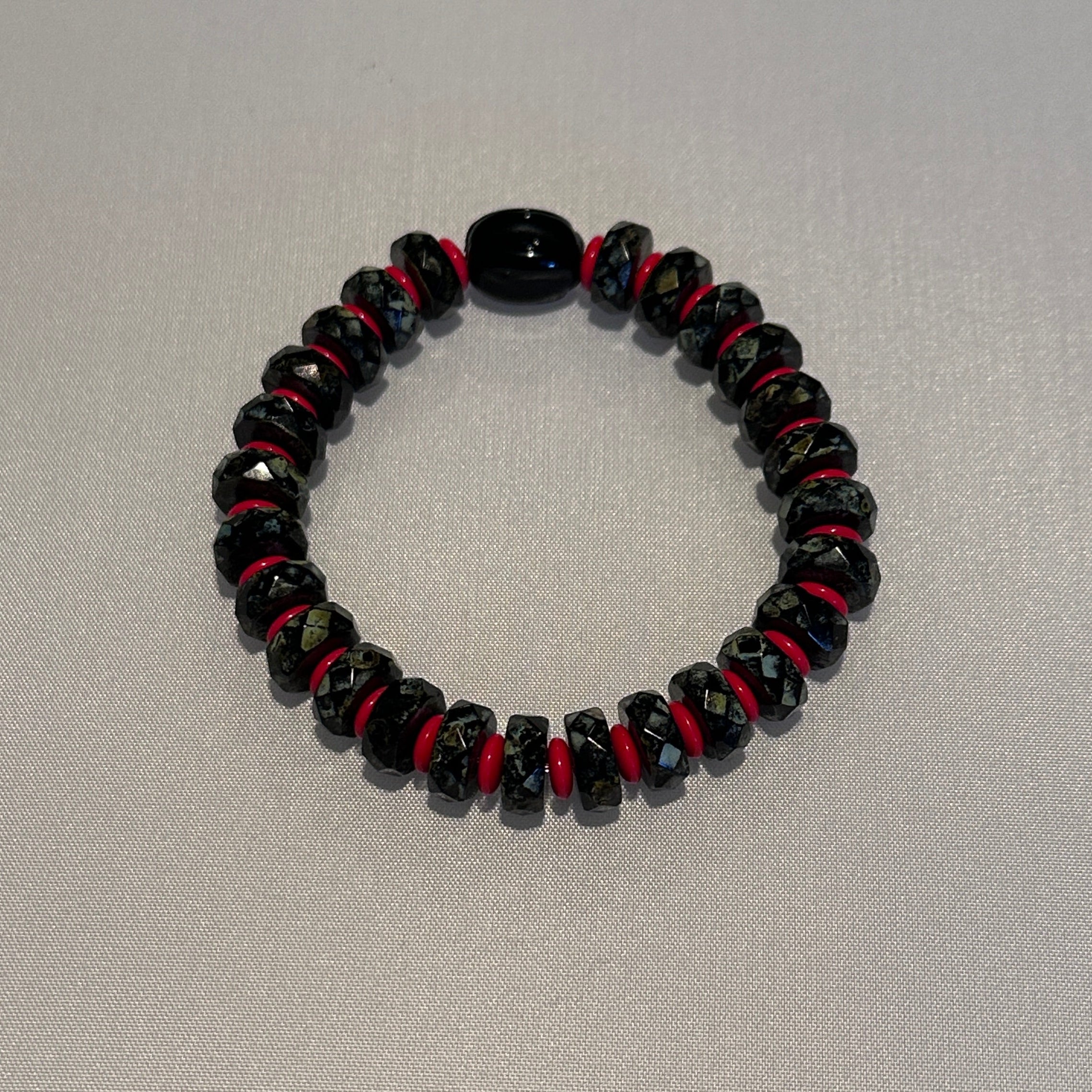 Black Camo Stretch Beaded Bracelet with Red Accents