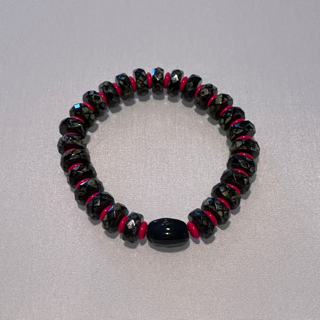 Black Camo Stretch Beaded Bracelet with Red Accents