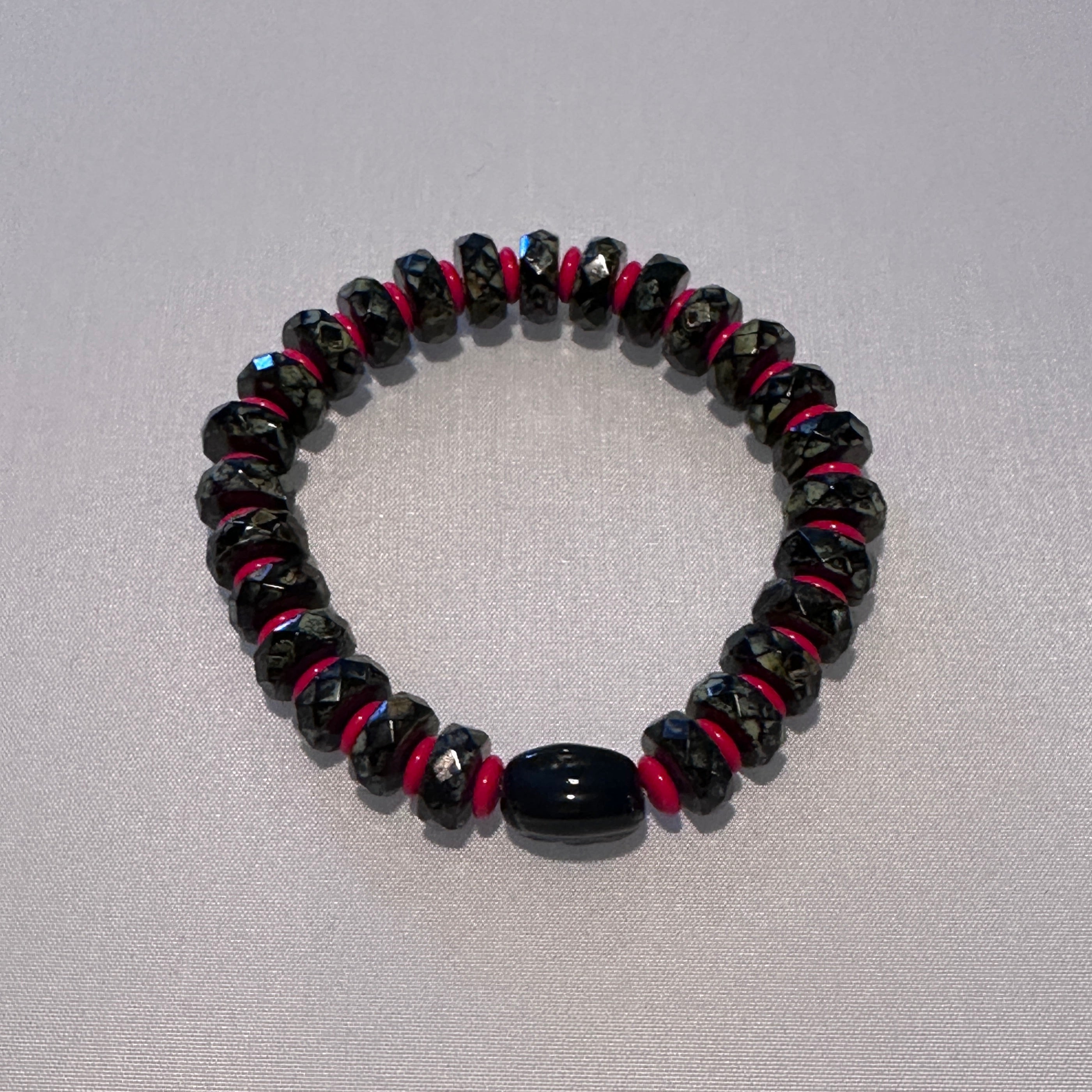 Black Camo Stretch Beaded Bracelet with Red Accents