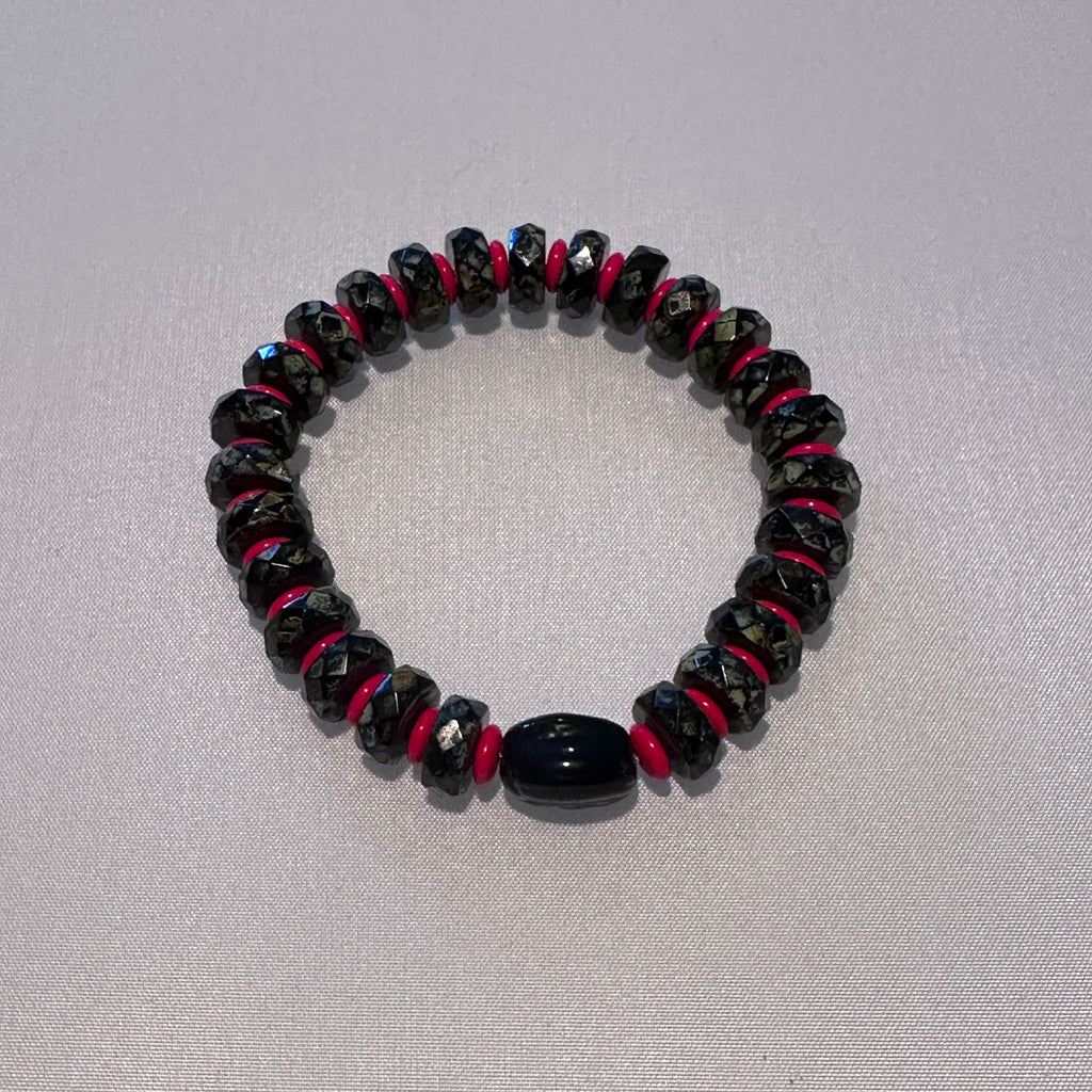 Black Camo Stretch Beaded Bracelet with Red Accents