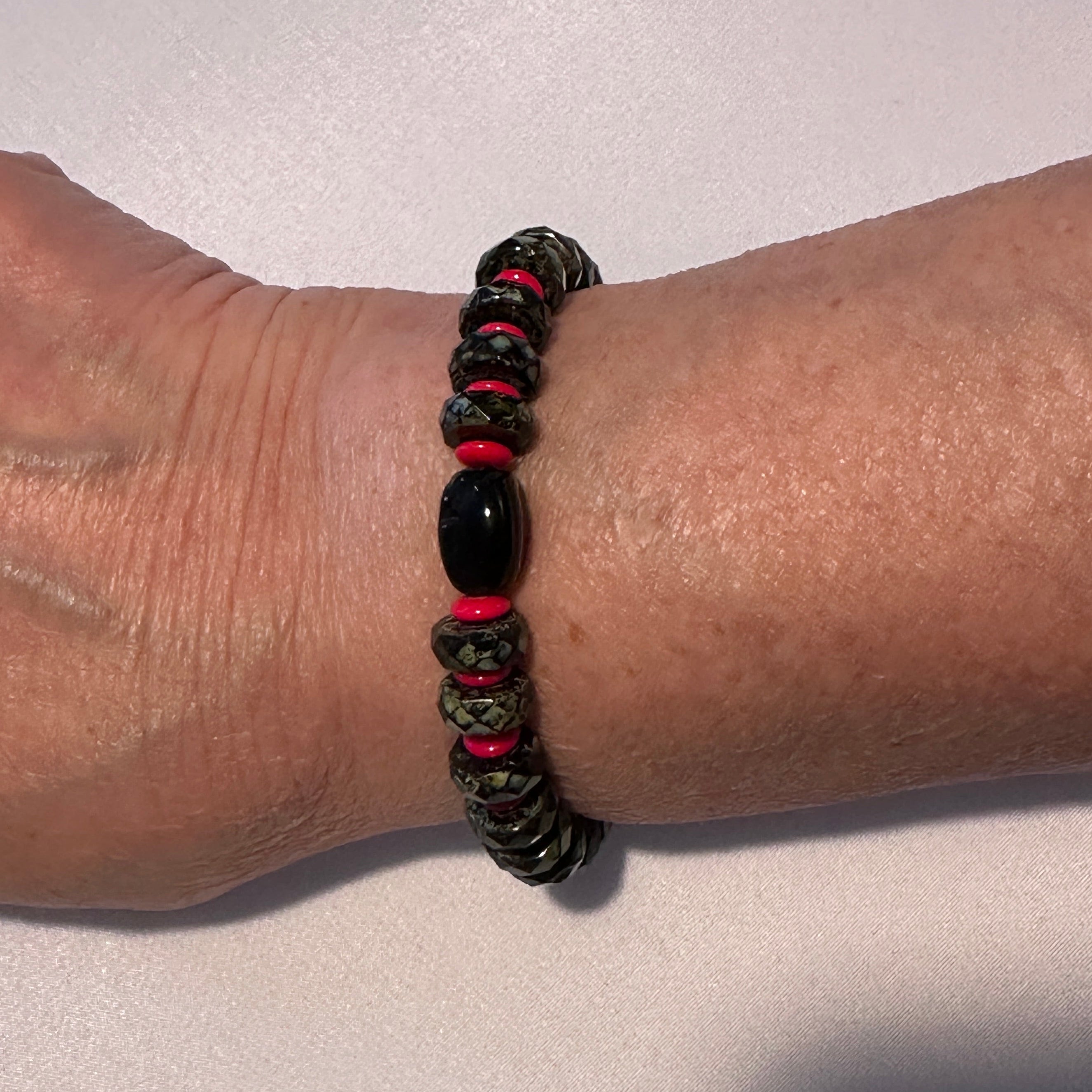 Black Camo Stretch Beaded Bracelet with Red Accents