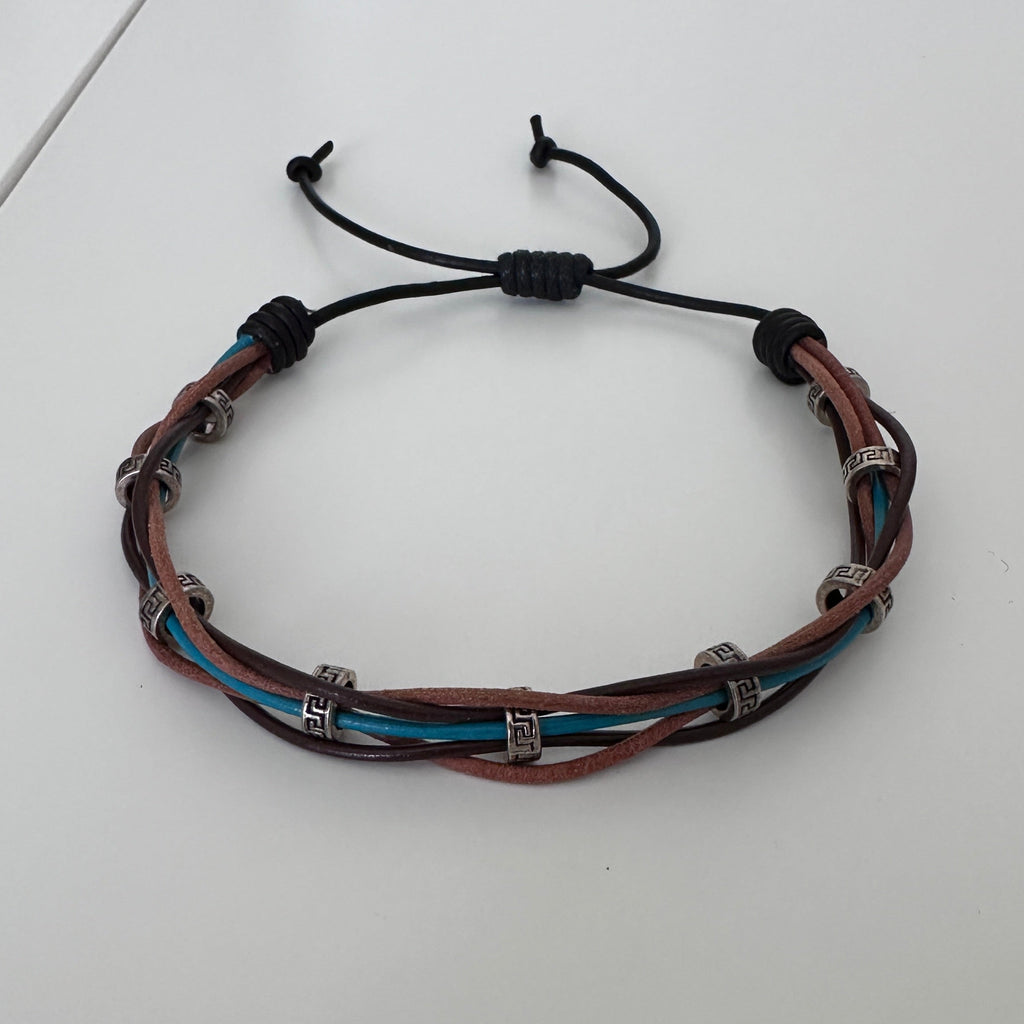Woven Leather Bracelet / Anklet – Brown & Blue