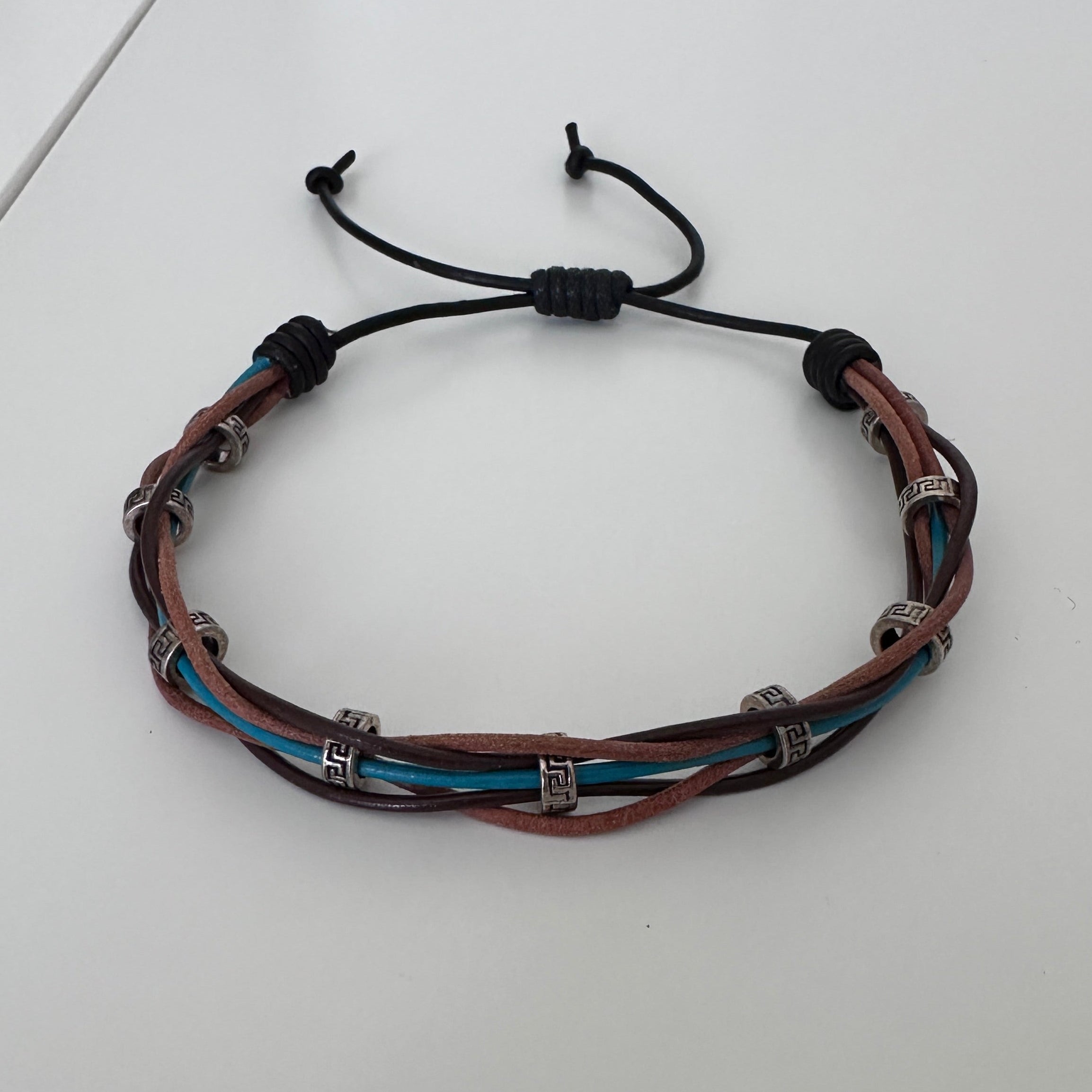 Woven Leather Bracelet / Anklet – Brown & Blue