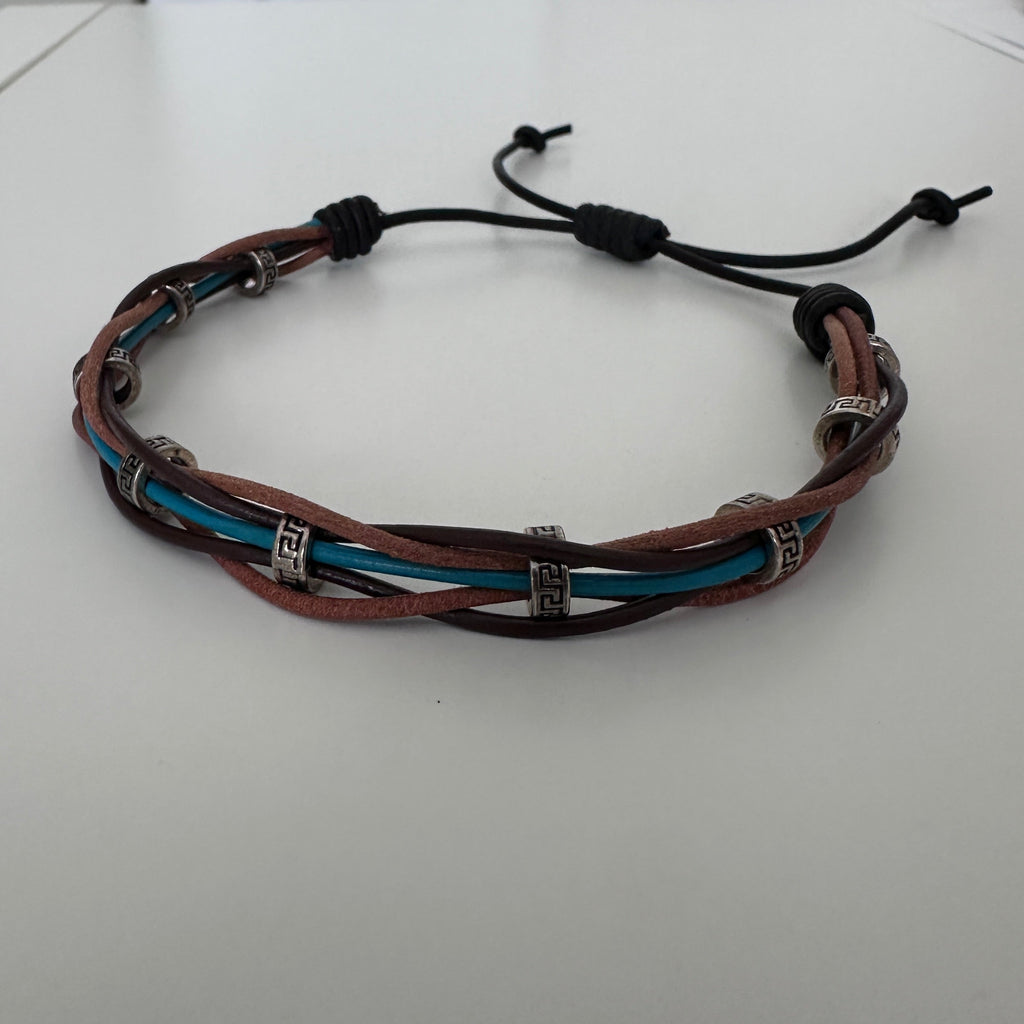 Woven Leather Bracelet / Anklet – Brown & Blue