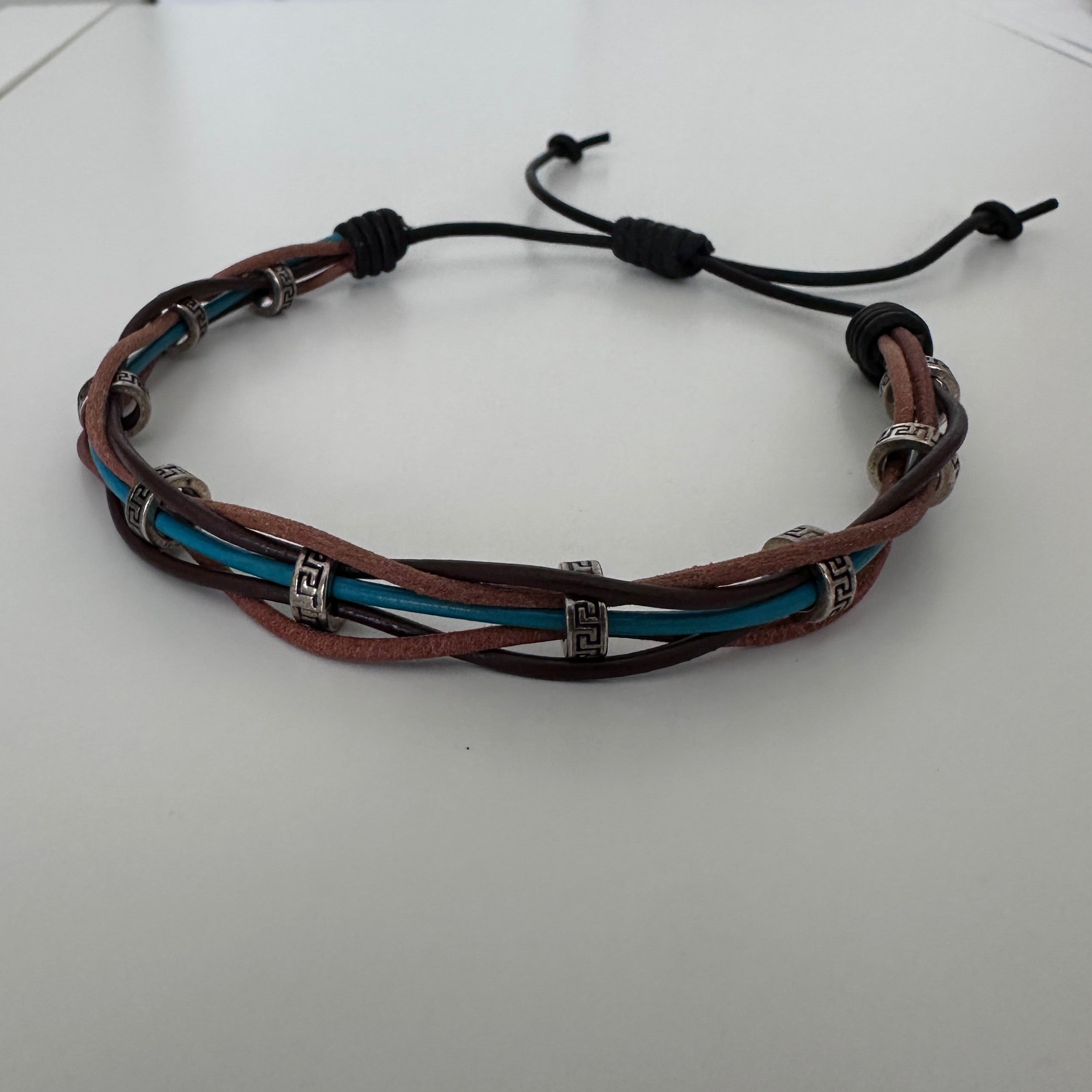Woven Leather Bracelet / Anklet – Brown & Blue