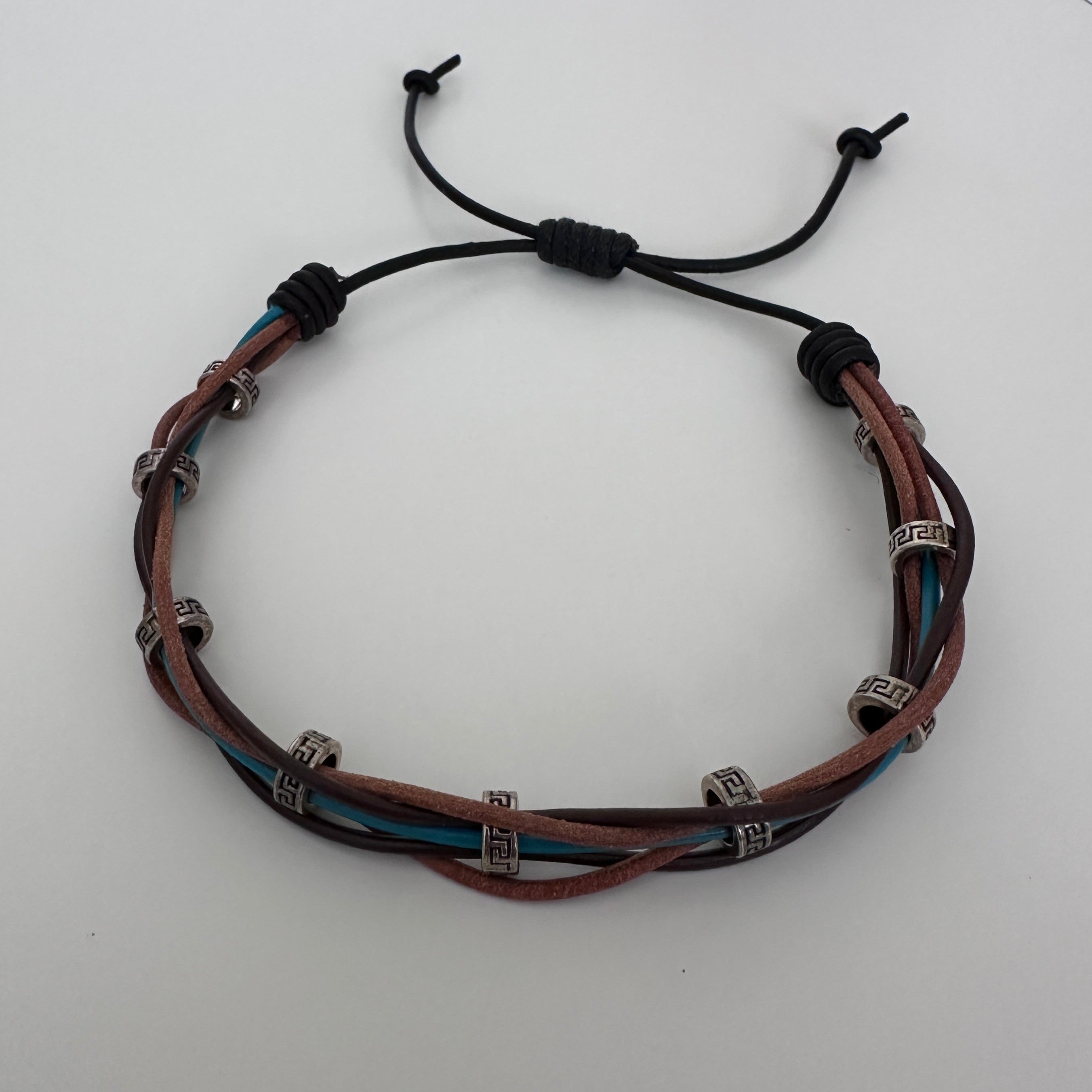 Woven Leather Bracelet / Anklet – Brown & Blue