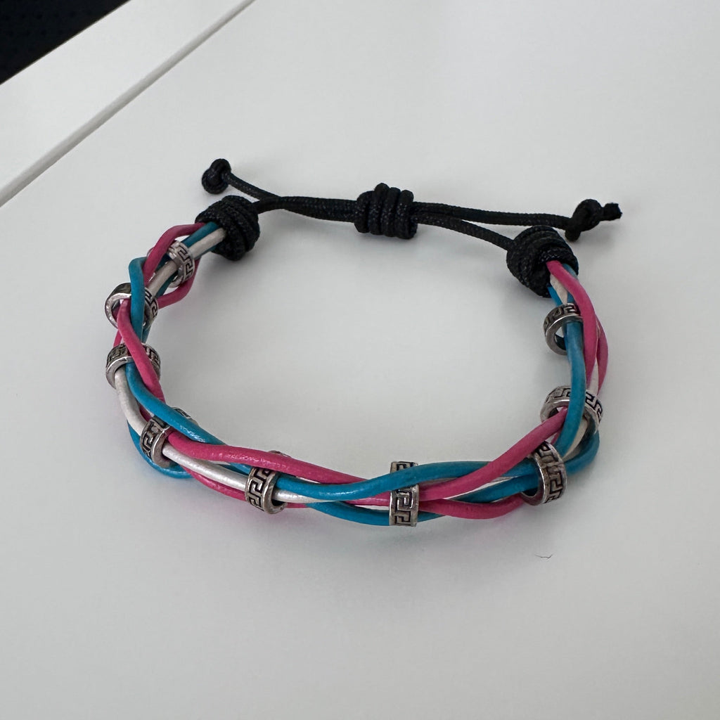 Woven Leather Bracelet – Pink, Blue & White