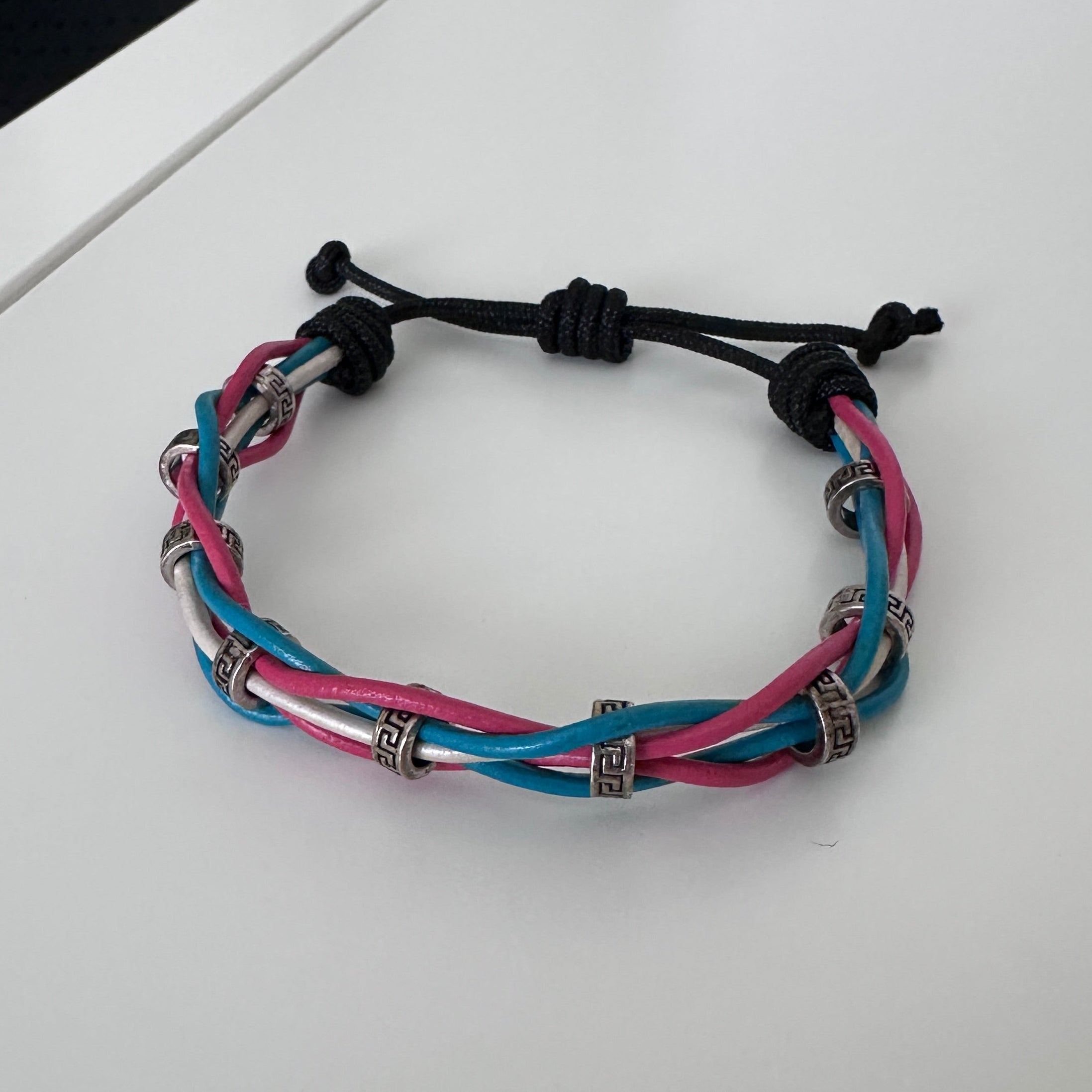 Woven Leather Bracelet – Pink, Blue & White
