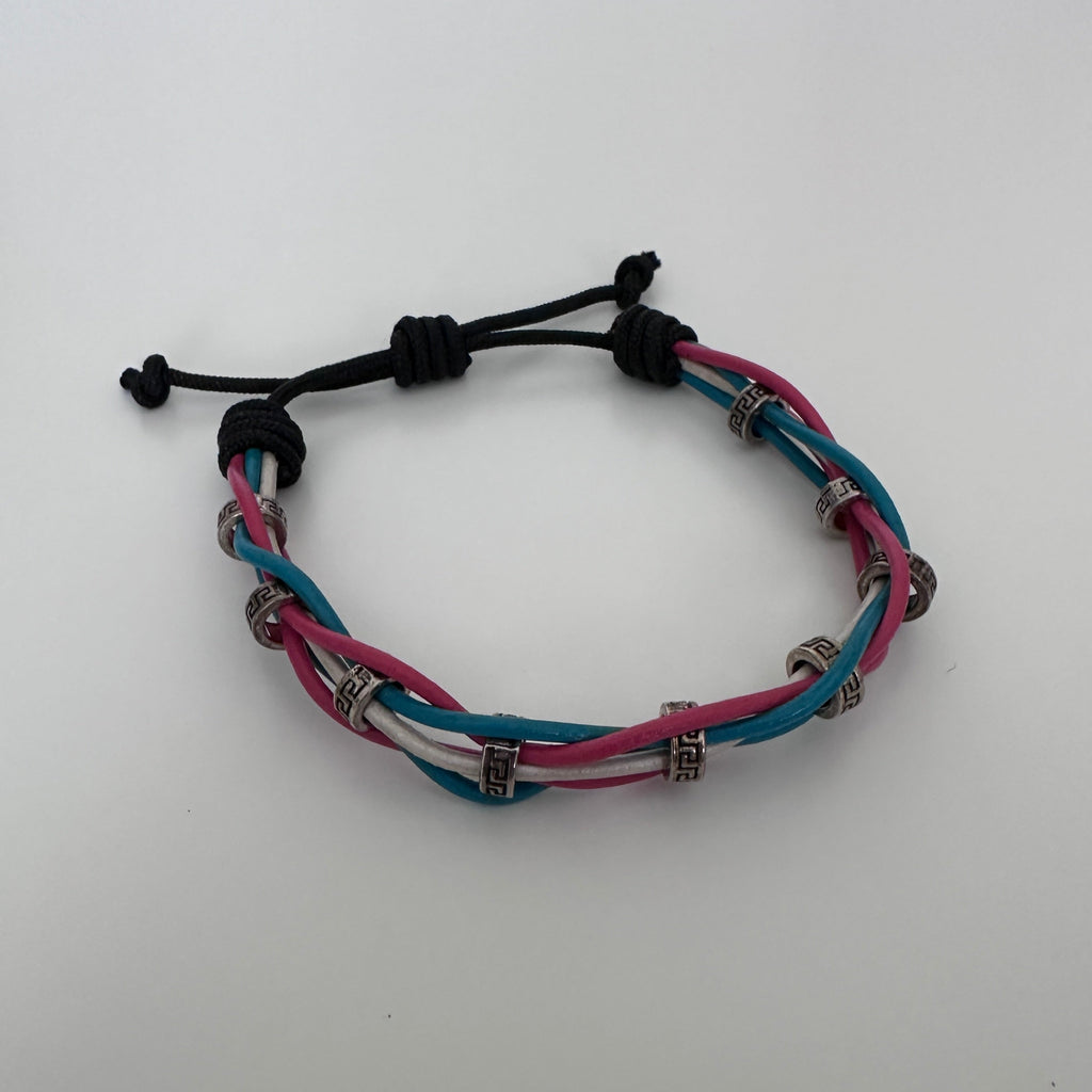 Woven Leather Bracelet – Pink, Blue & White
