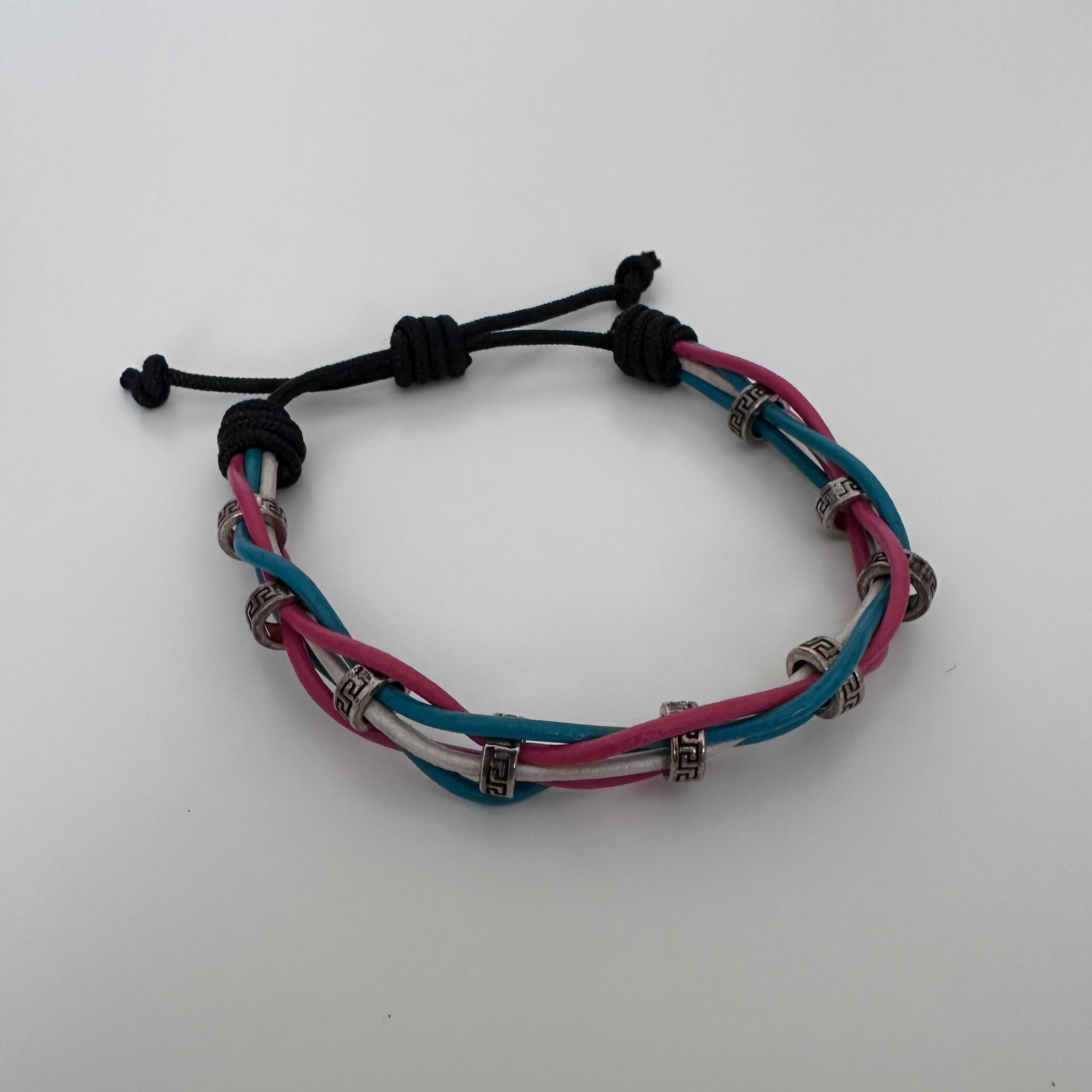 Woven Leather Bracelet – Pink, Blue & White