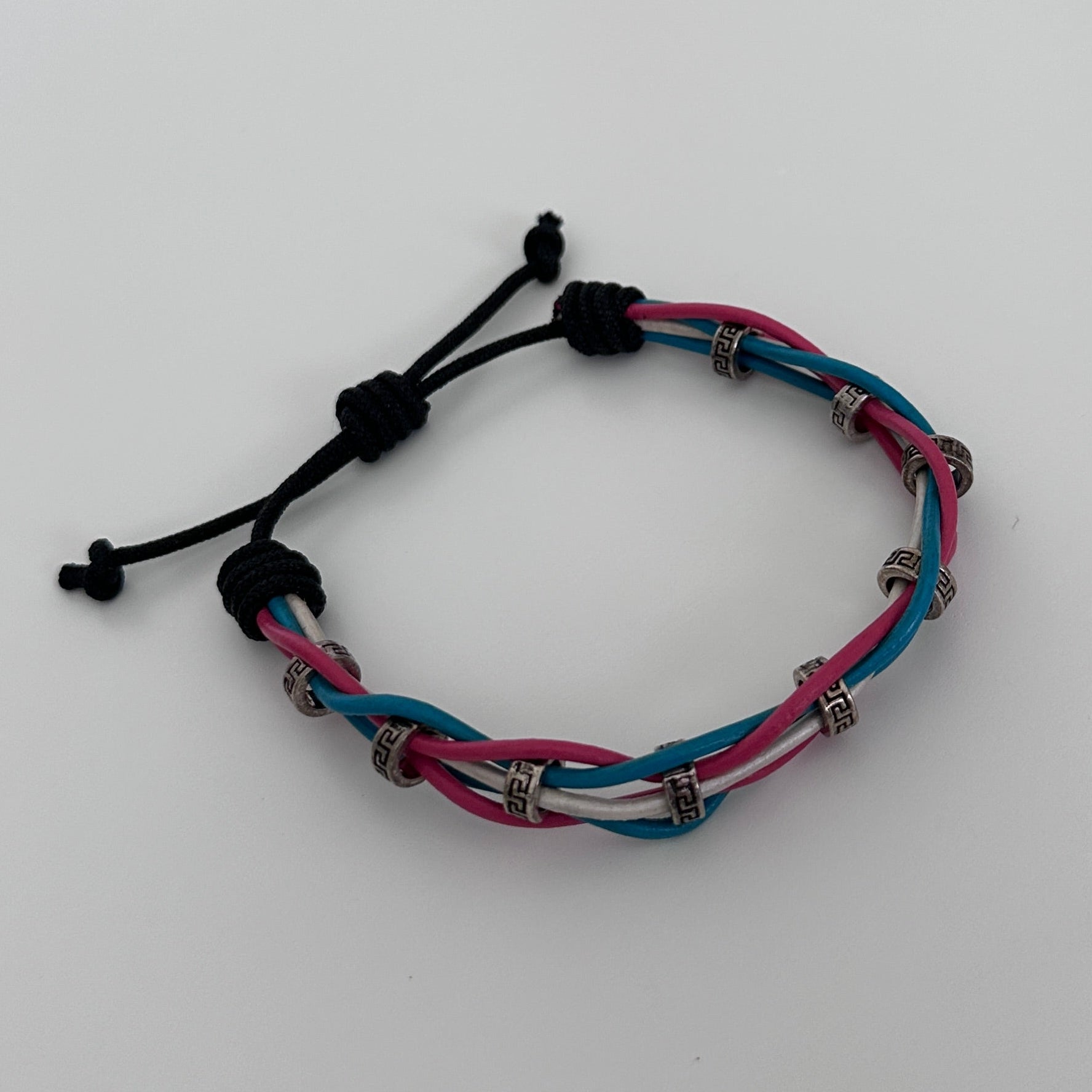 Woven Leather Bracelet – Pink, Blue & White