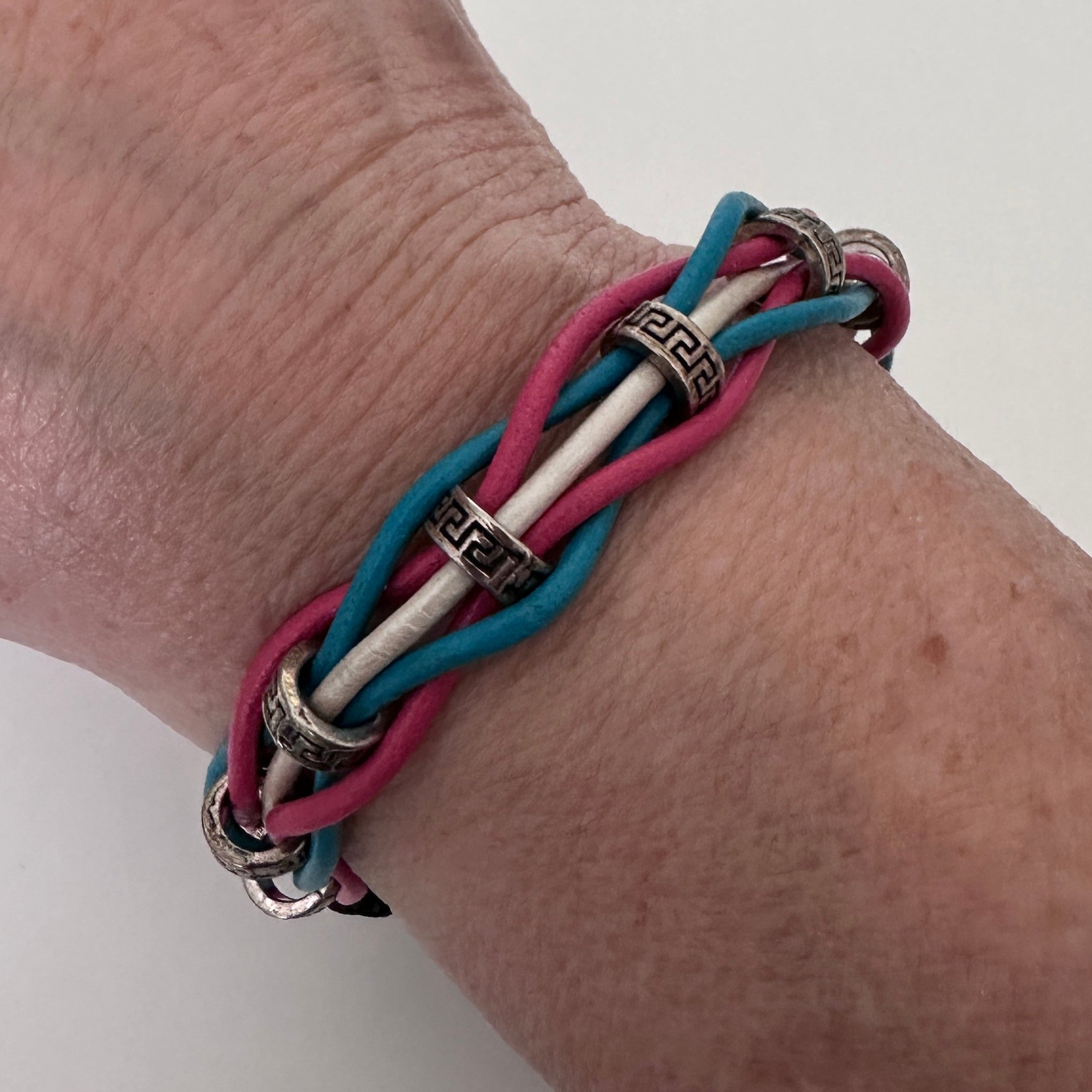 Woven Leather Bracelet – Pink, Blue & White