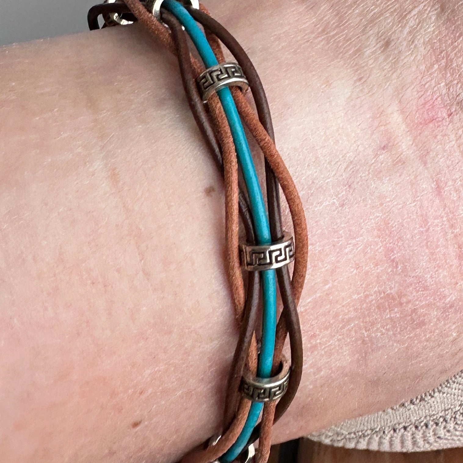 Woven Leather Bracelet / Anklet – Brown & Blue