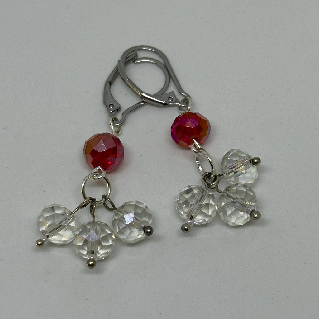 Red & Clear Crystal Rondelle Cluster Dangle Earrings