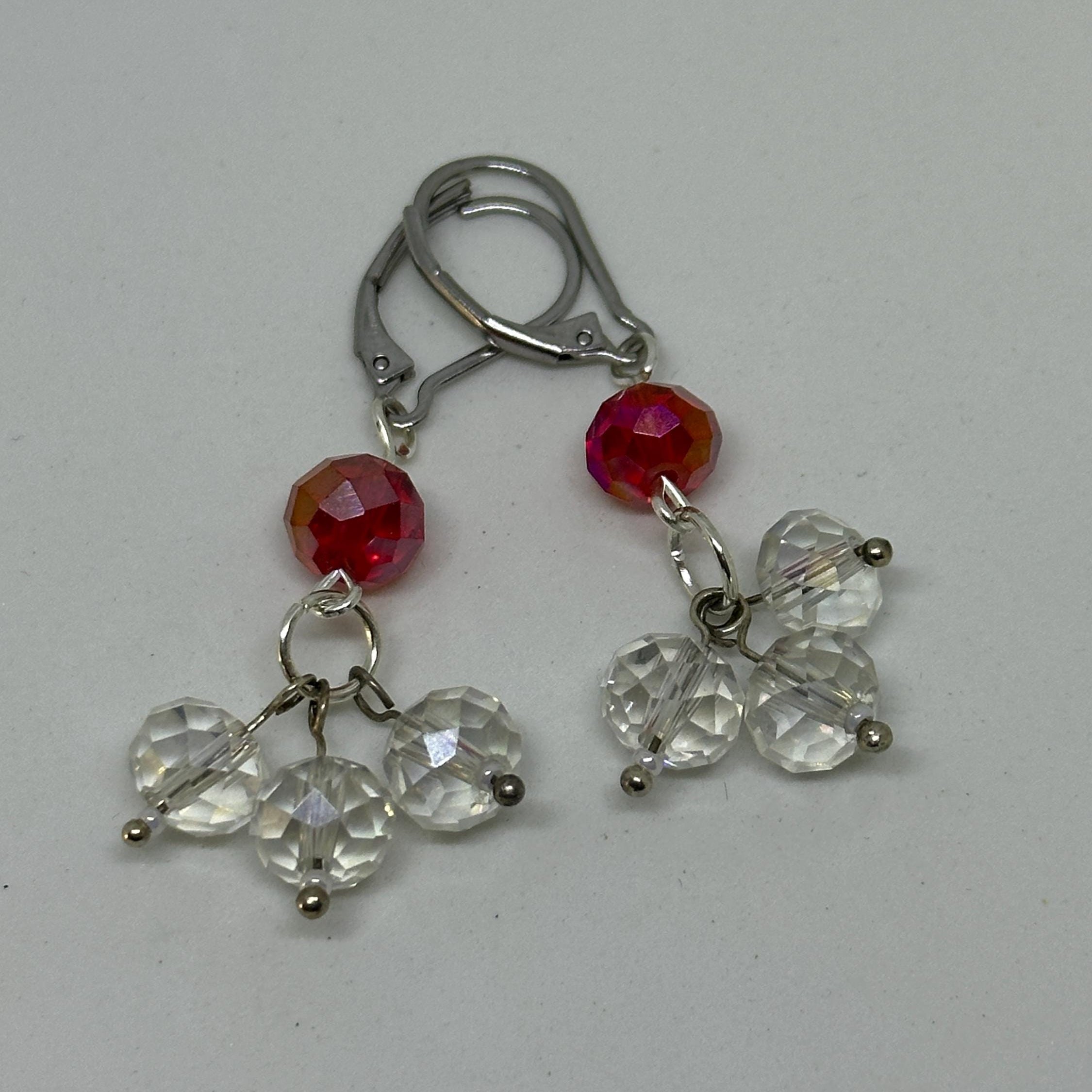 Red & Clear Crystal Rondelle Cluster Dangle Earrings