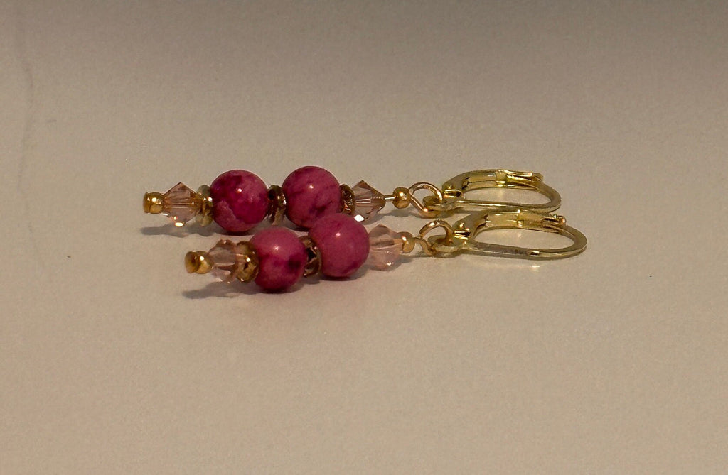 Pink Coral & Crystal Dangle Earrings with Gold Accents
