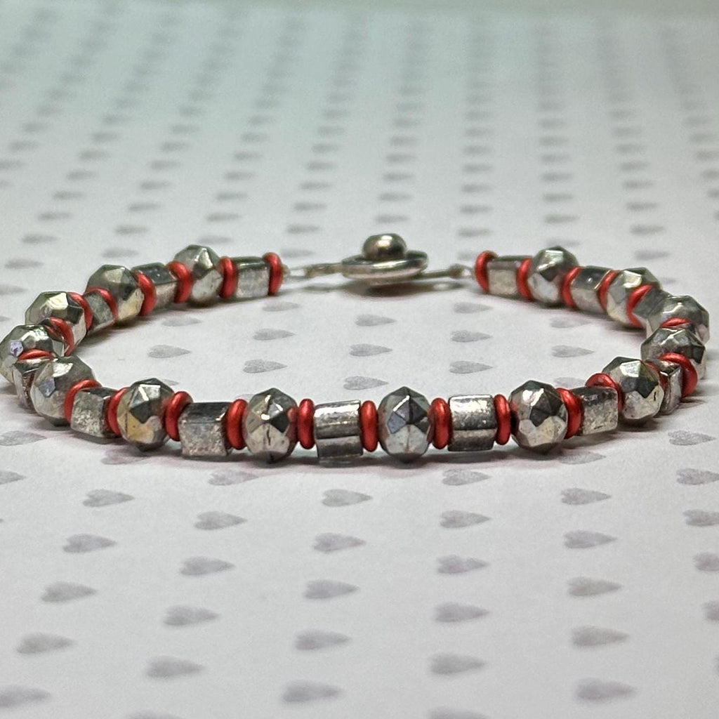 Silver Plated Beaded Bracelet with Red Accents