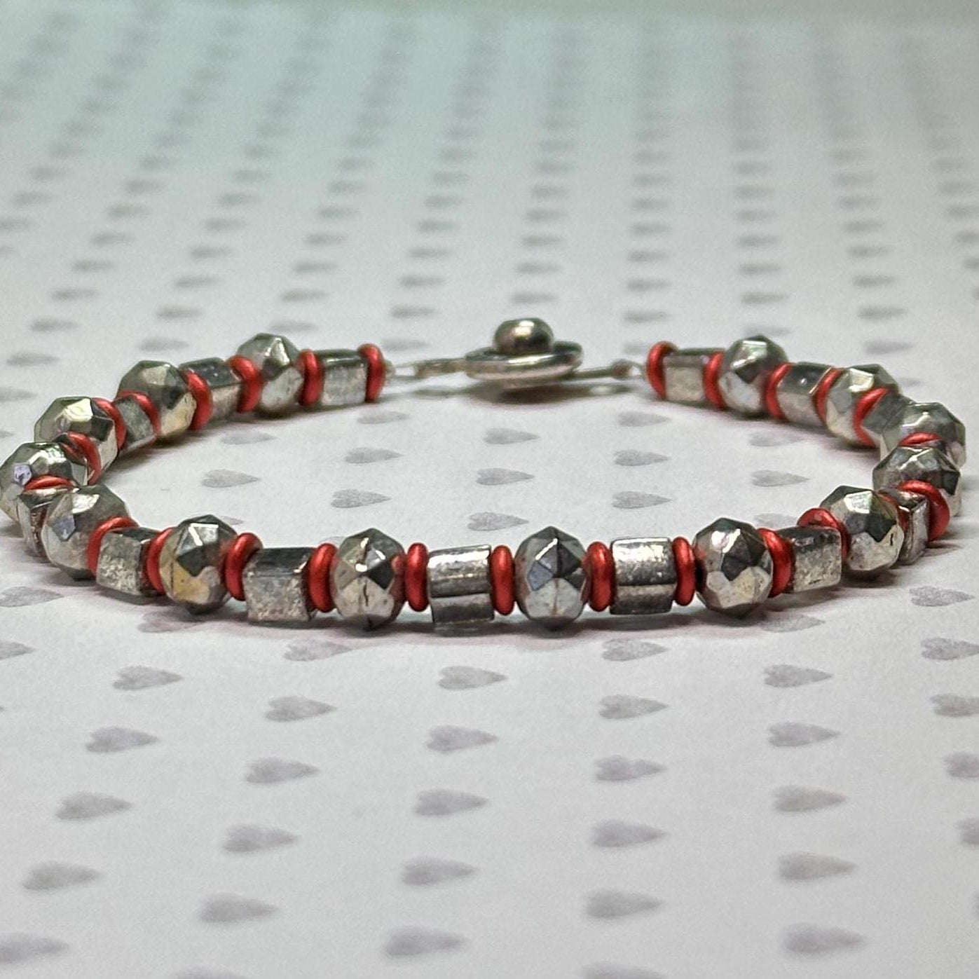 Silver Plated Beaded Bracelet with Red Accents