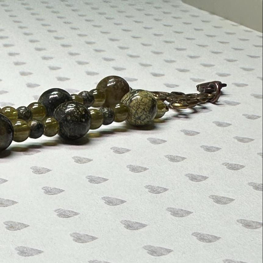 Moss Agate Double Strand Bracelet: Antique Gold Clasp