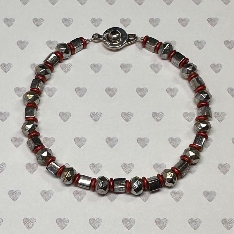 Silver Plated Beaded Bracelet with Red Accents