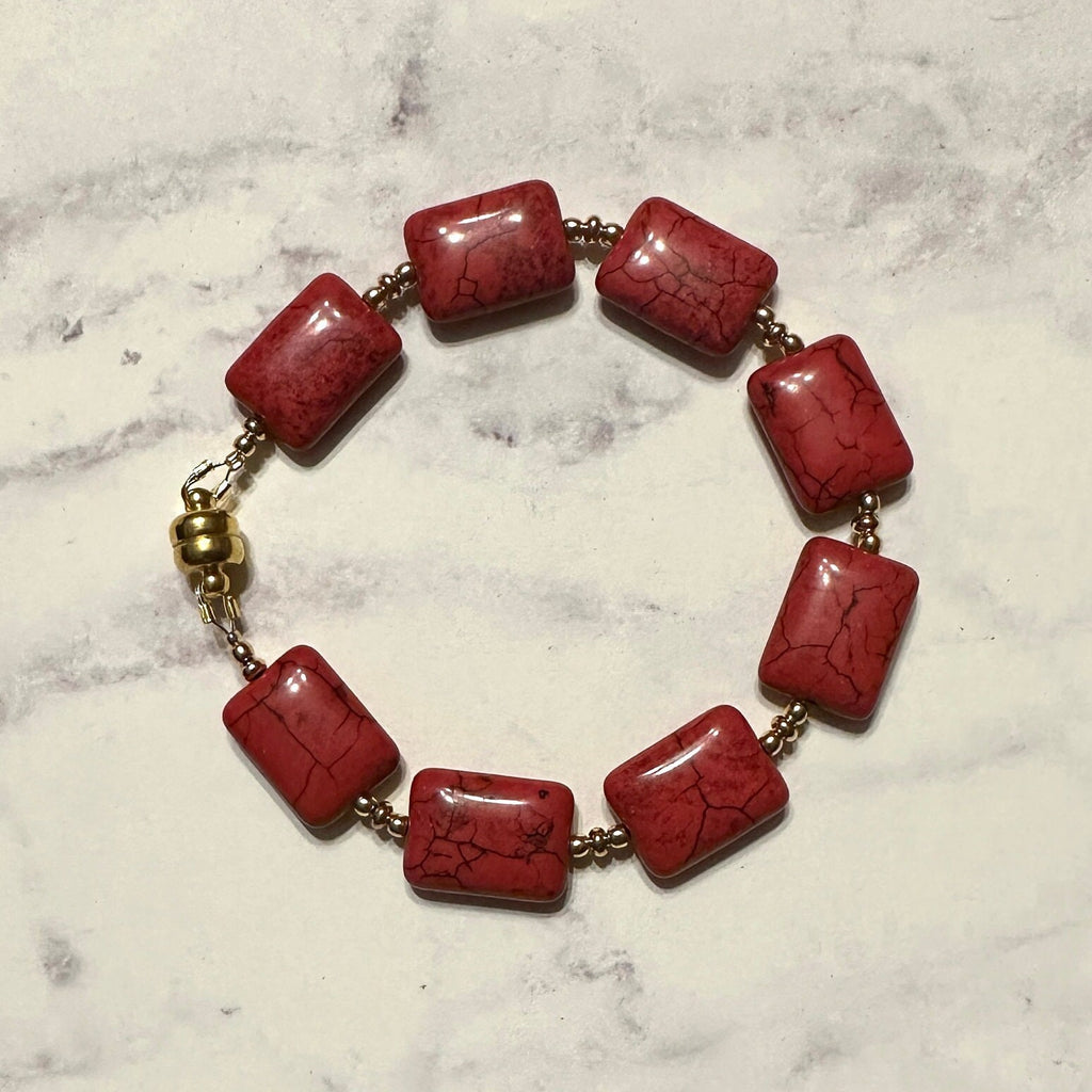Red Magnesite Chiclet Bracelet 24kt Gold Plated or CZ Crystal Spacers