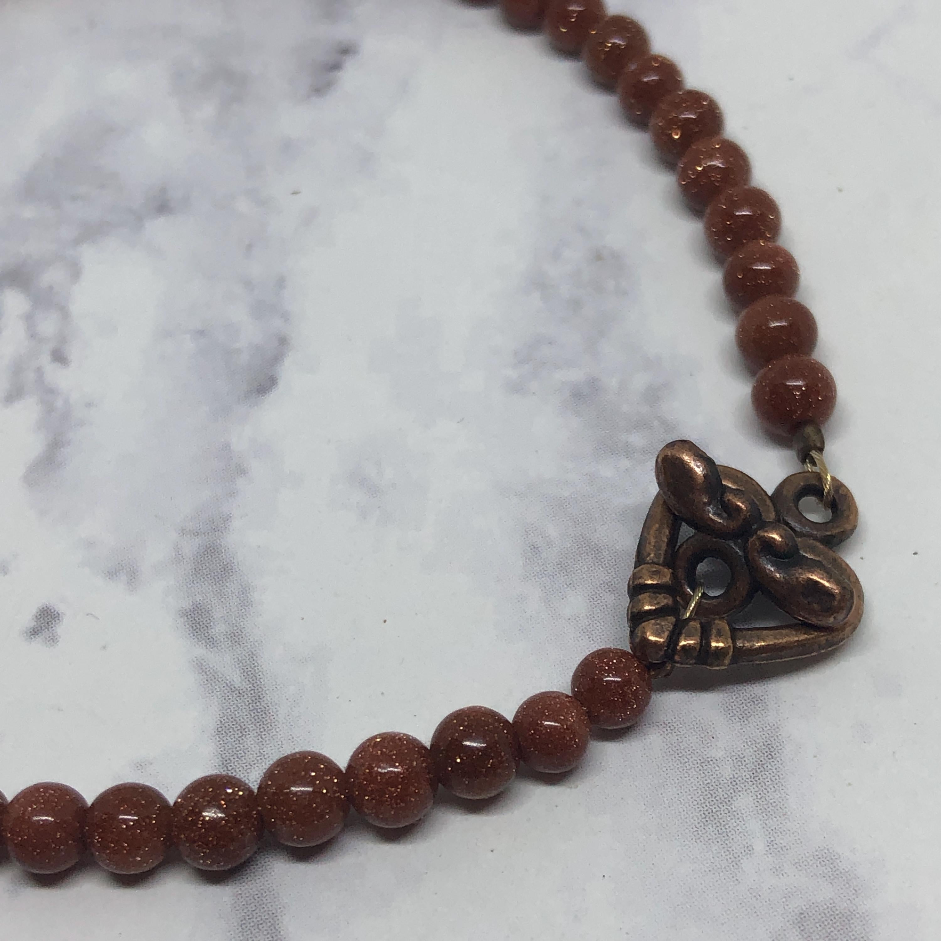 Brown Goldstone Bracelet with Copper Heart Clasp