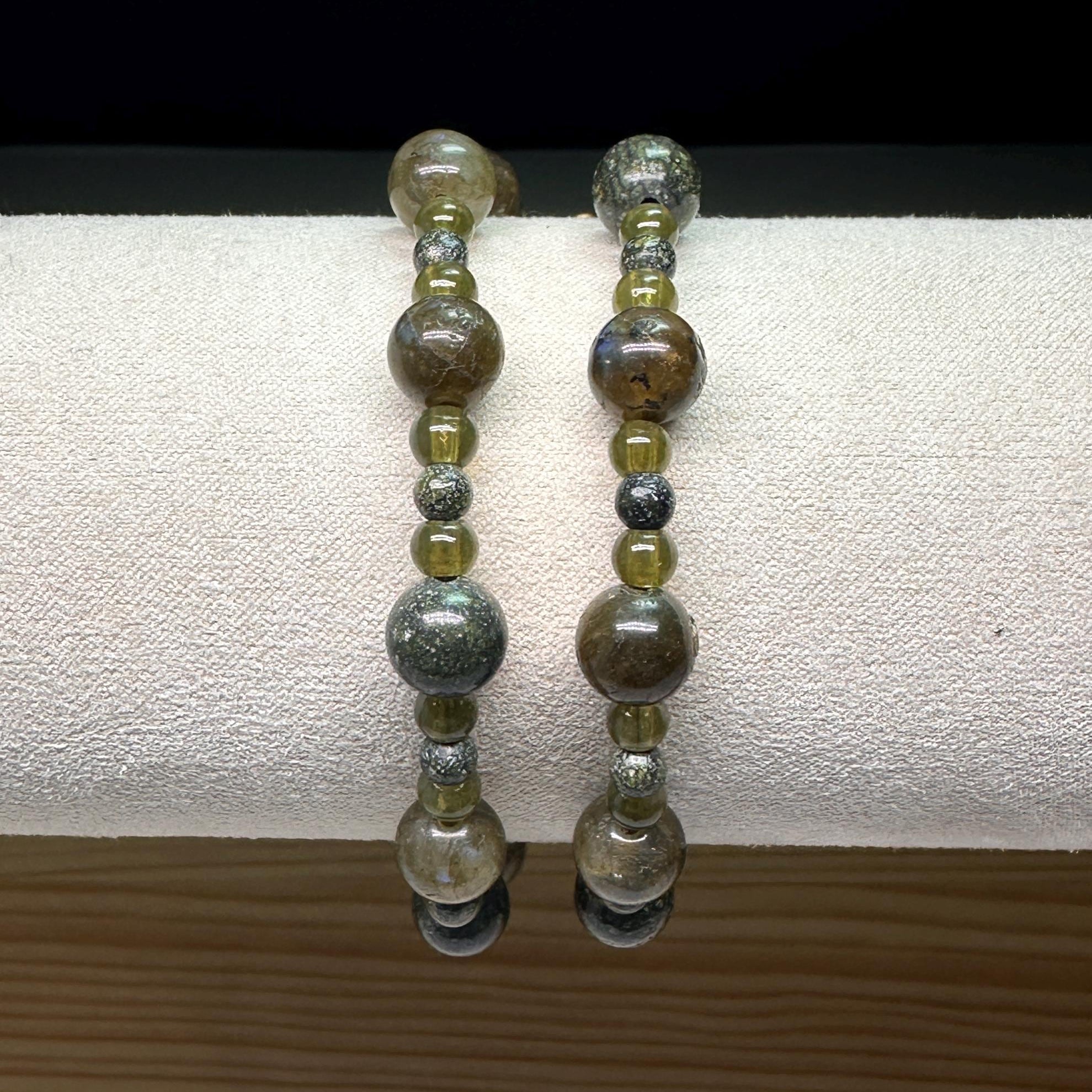 Moss Agate Double Strand Bracelet: Antique Gold Clasp