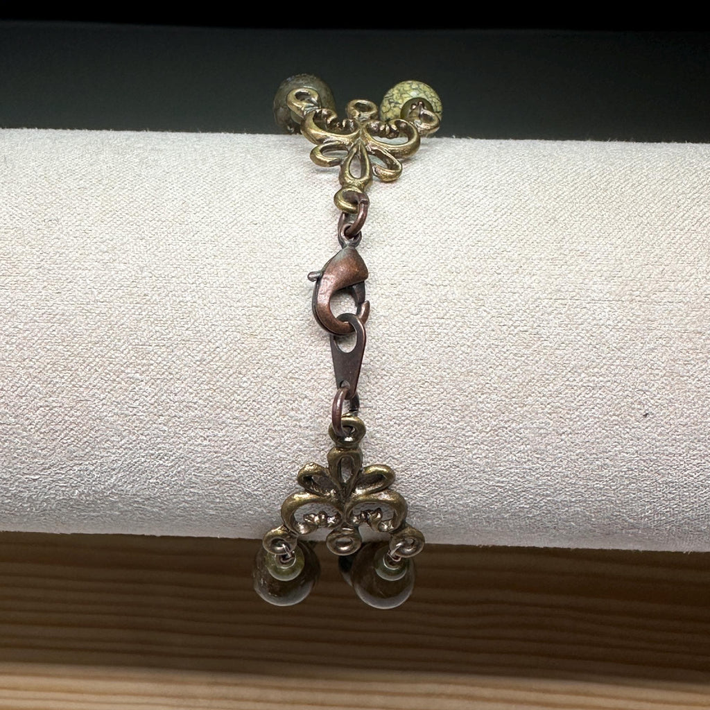 Moss Agate Double Strand Bracelet: Antique Gold Clasp