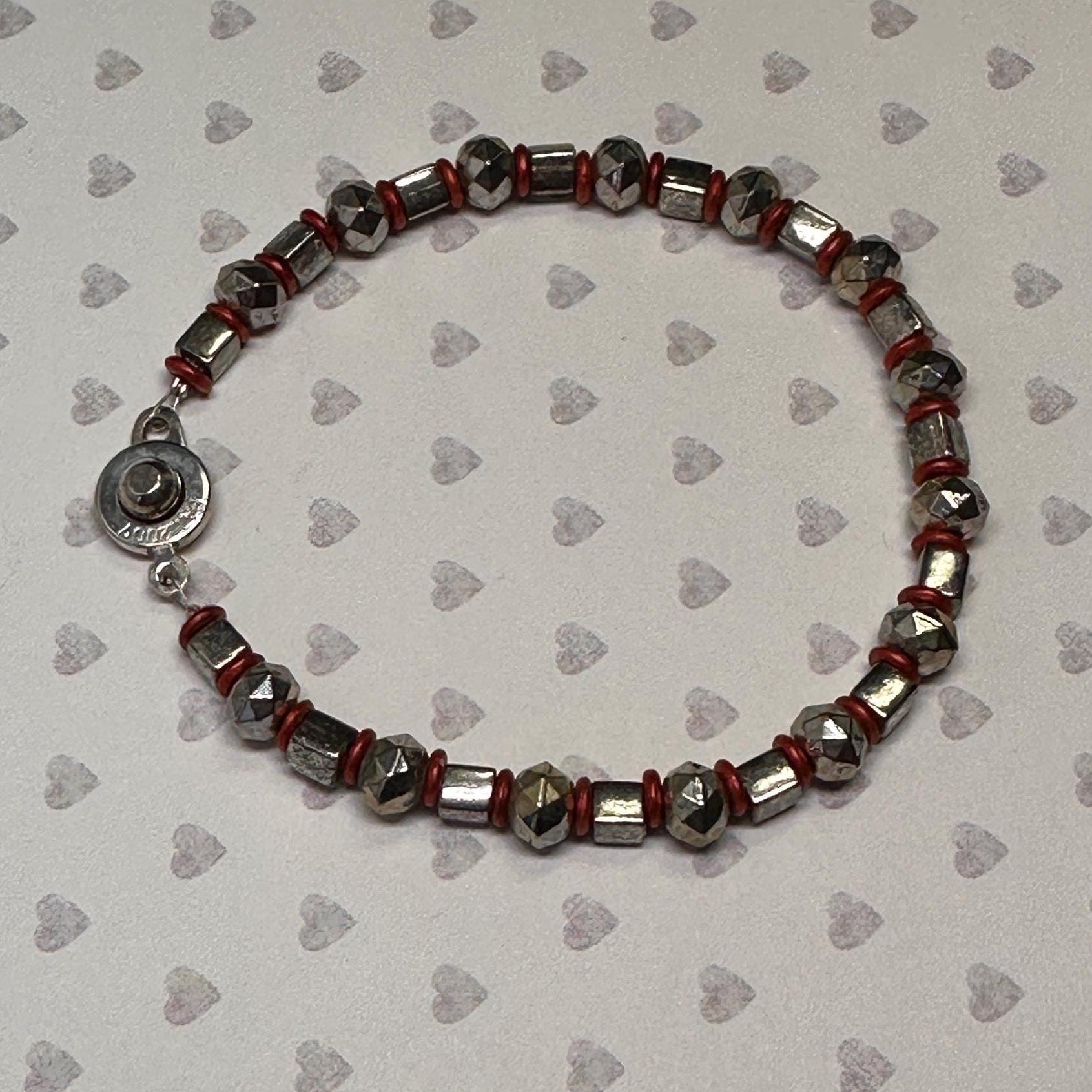 Silver Plated Beaded Bracelet with Red Accents