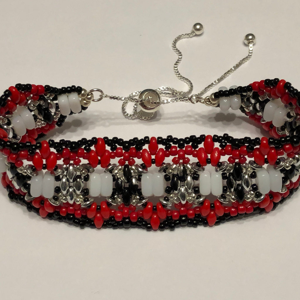 Black, Silver, and Red Artisan Beaded Bracelet