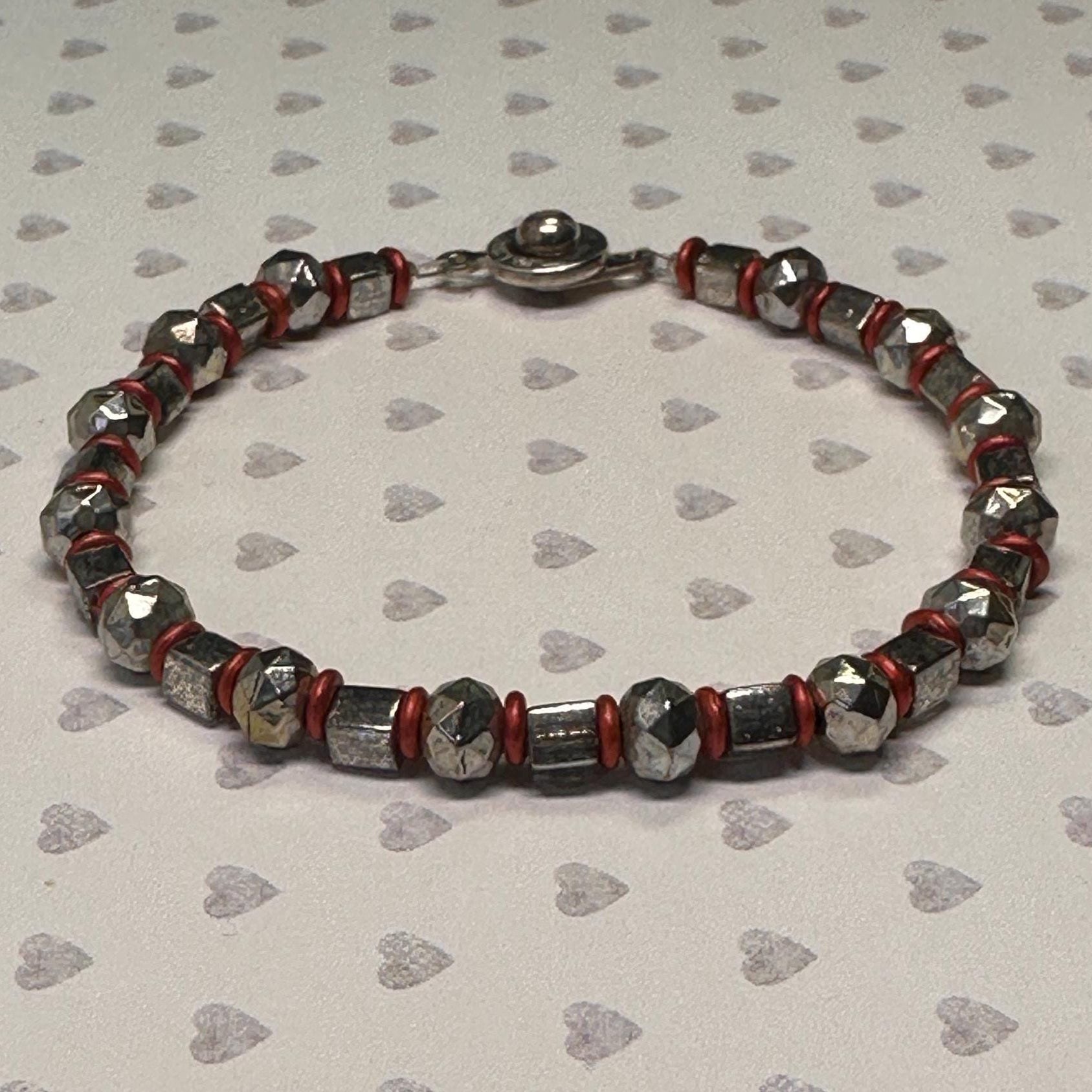 Silver Plated Beaded Bracelet with Red Accents