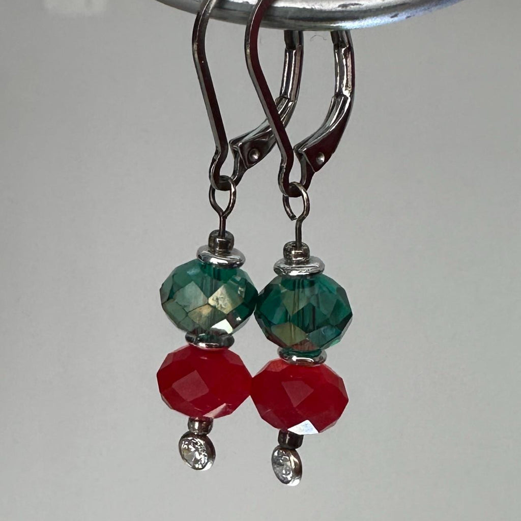 Festive Red & Green Crystal Dangle Earrings