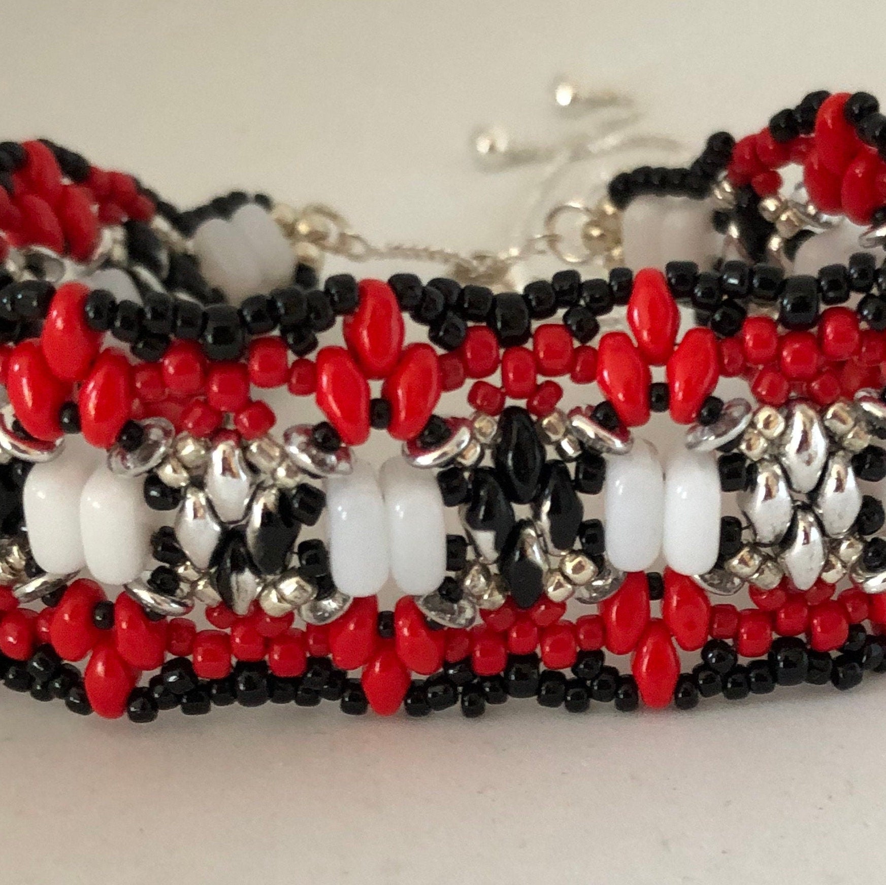 Black, Silver, and Red Artisan Beaded Bracelet