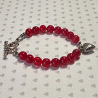 Red German Glass Bracelet with Silver Puffed Heart